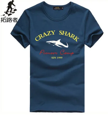 Pioneer Camp brand short summer men tshirt comfortable breathable blue t shirt male fashion cotton t-shirt shark pattern 405047