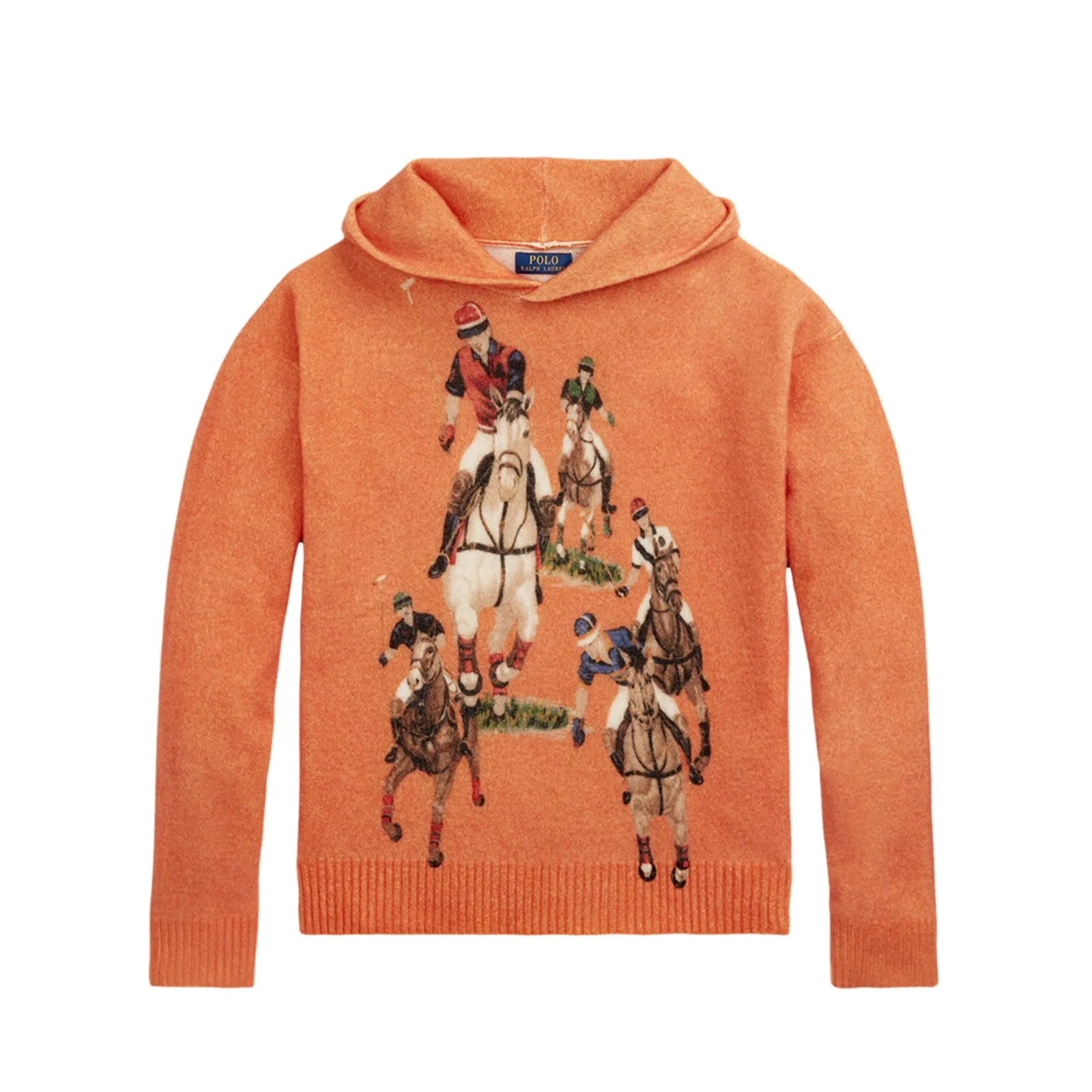 Polo Ralph Lauren Long Sleeve Wool (Spectrum Orange) Horsemen Print Hooded Sweatshirt 710917391001