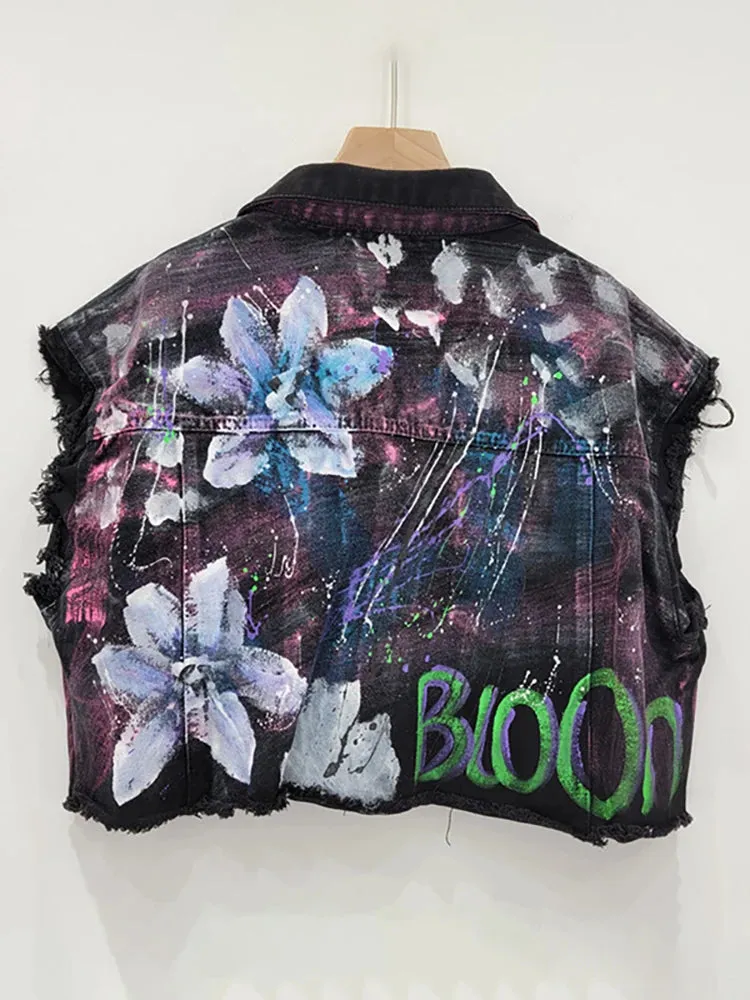 Pre Order:  Hand-Painted Graffiti Short Denim Vest