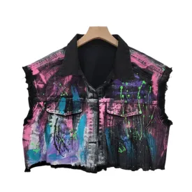 Pre Order:  Hand-Painted Graffiti Short Denim Vest