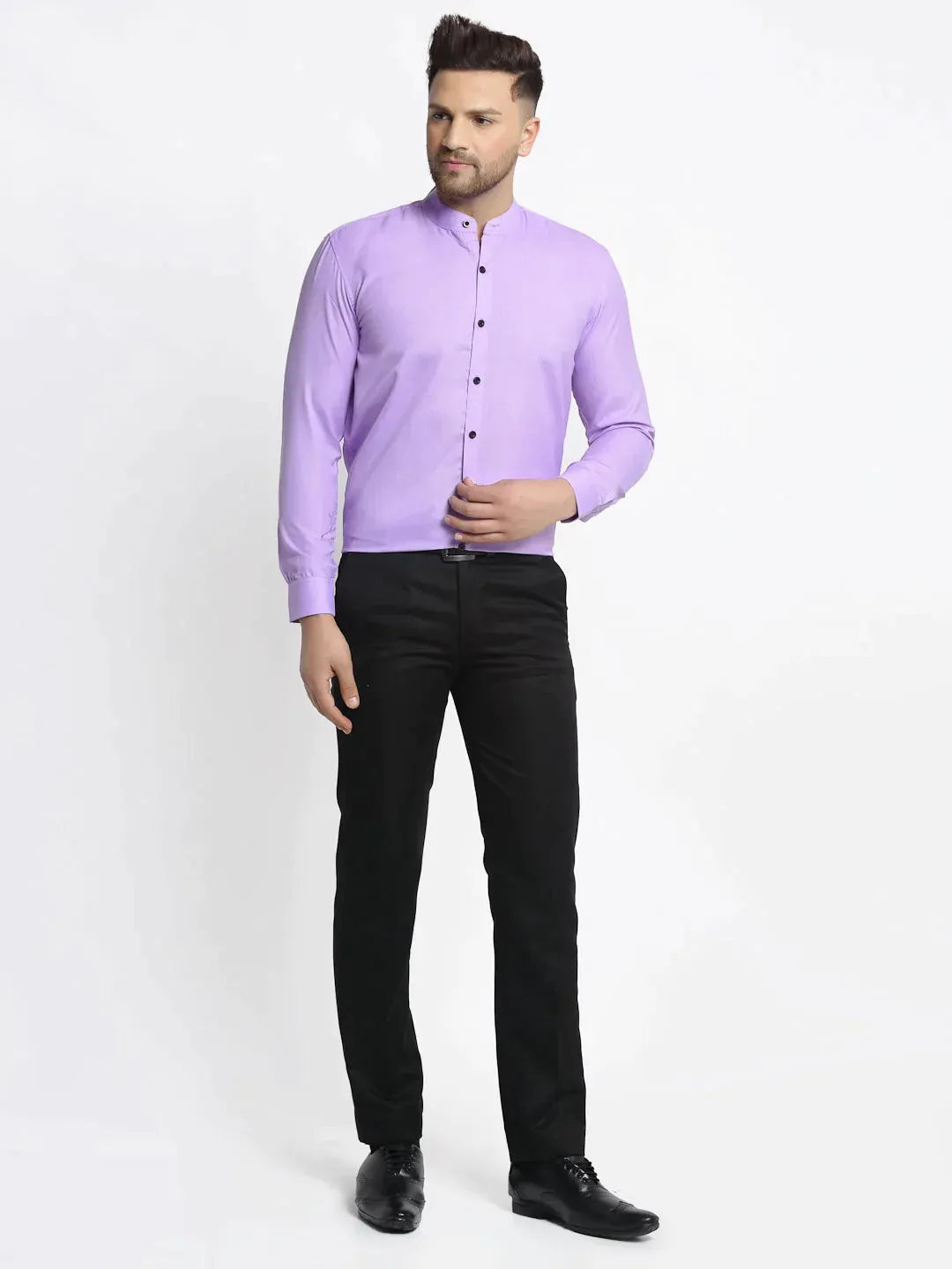 Purple Men'S Cotton Solid Mandarin Collar Formal Shirts