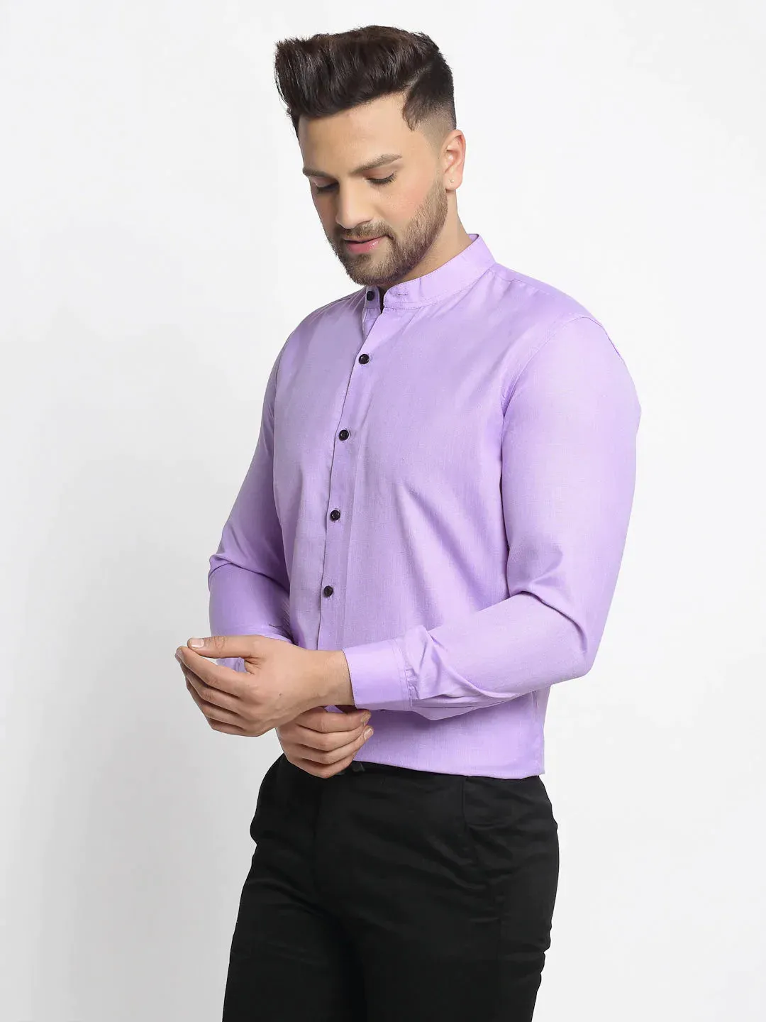 Purple Men'S Cotton Solid Mandarin Collar Formal Shirts