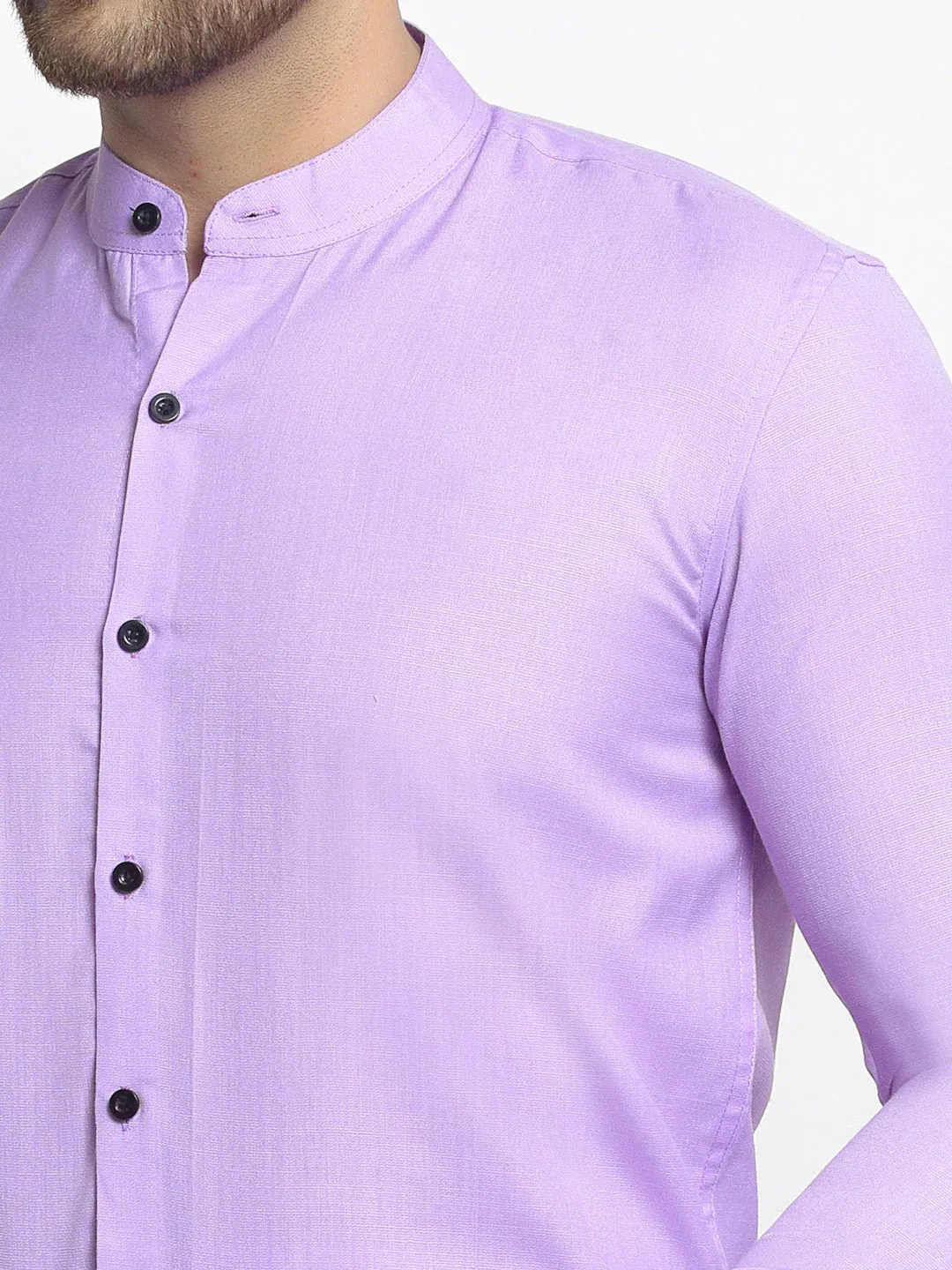 Purple Men'S Cotton Solid Mandarin Collar Formal Shirts