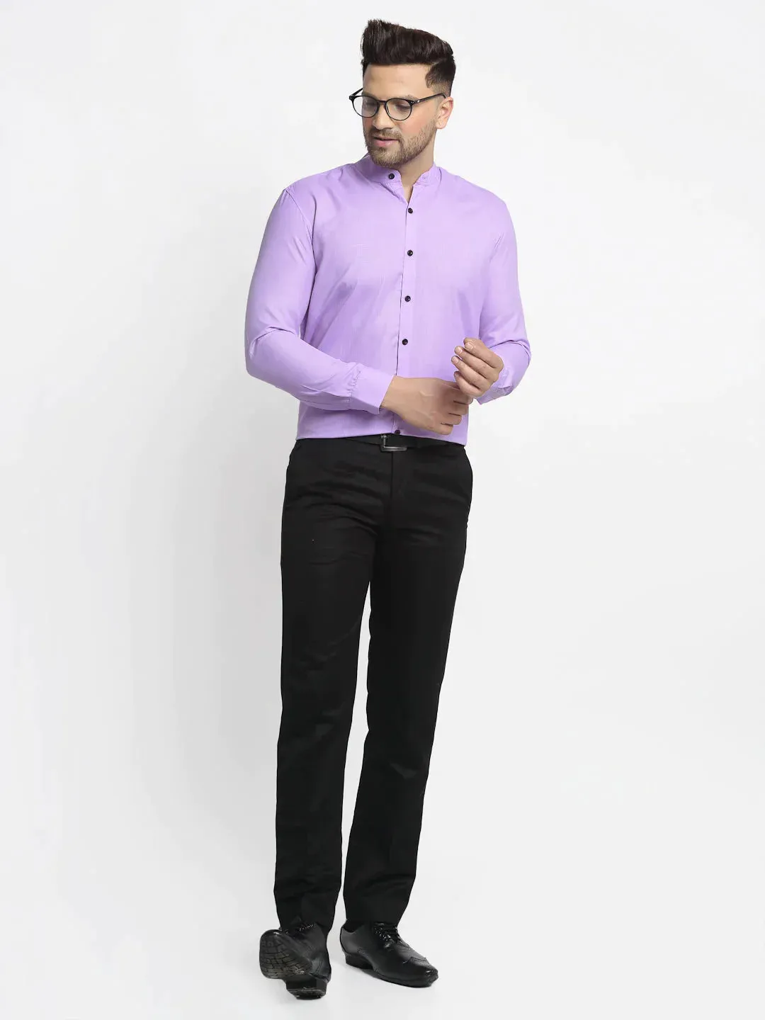 Purple Men'S Cotton Solid Mandarin Collar Formal Shirts