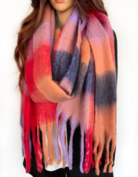 RED CHECKED WOOL RAINBOW BLANKET SCARF OVERSIZED WINTER SHAWL WRAP