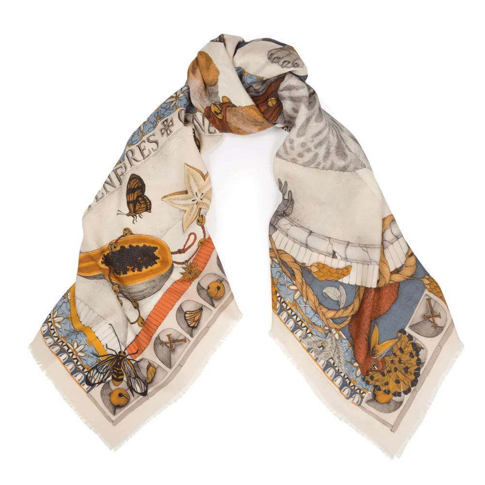 Sabina Savage "The Feline Trinity" Cornflower and Pearl Cashmere Scarf