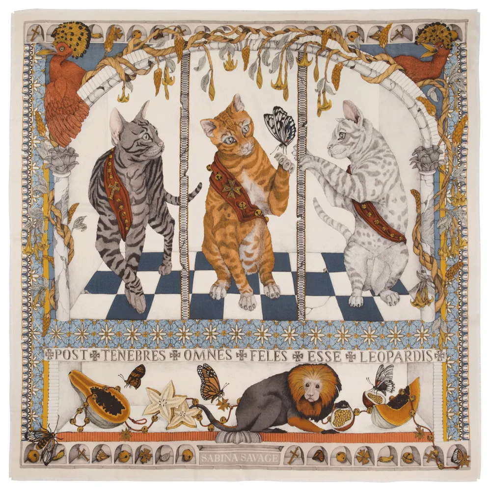 Sabina Savage "The Feline Trinity" Cornflower and Pearl Cashmere Scarf