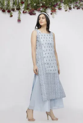 Set of 2 : Blue Kota Hand-Block Printed Kurta and Blue Cotton Pallazo