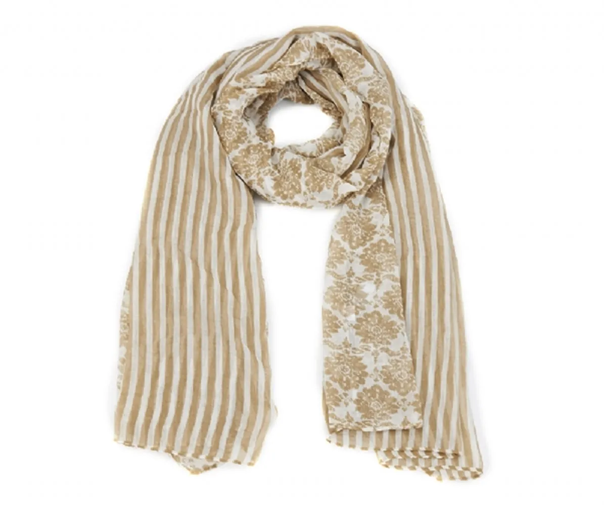 Striped And Damask Border Scarf In Black & White (Cream)