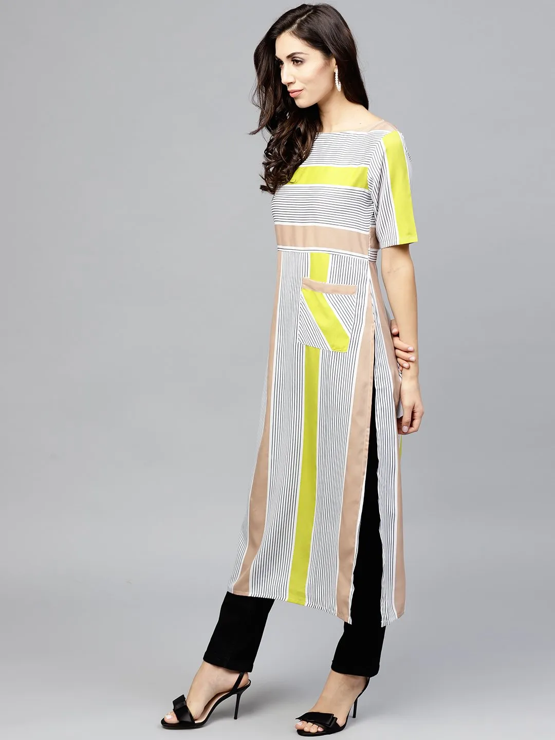 Striped Calf Lenth Dress With Round Neck And Half Sleeves