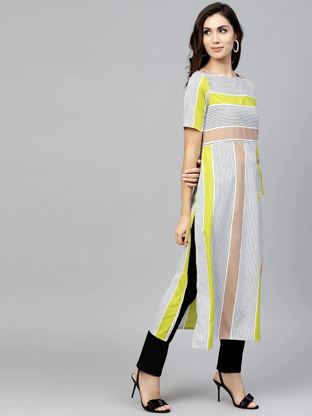 Striped Calf Lenth Dress With Round Neck And Half Sleeves