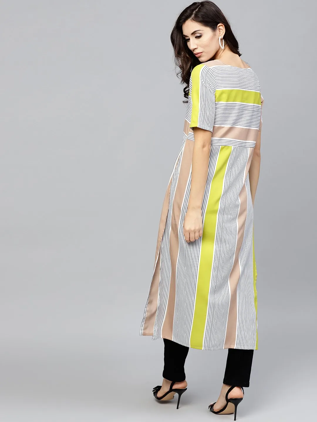 Striped Calf Lenth Dress With Round Neck And Half Sleeves