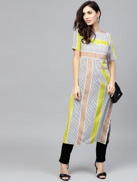 Striped Calf Lenth Dress With Round Neck And Half Sleeves