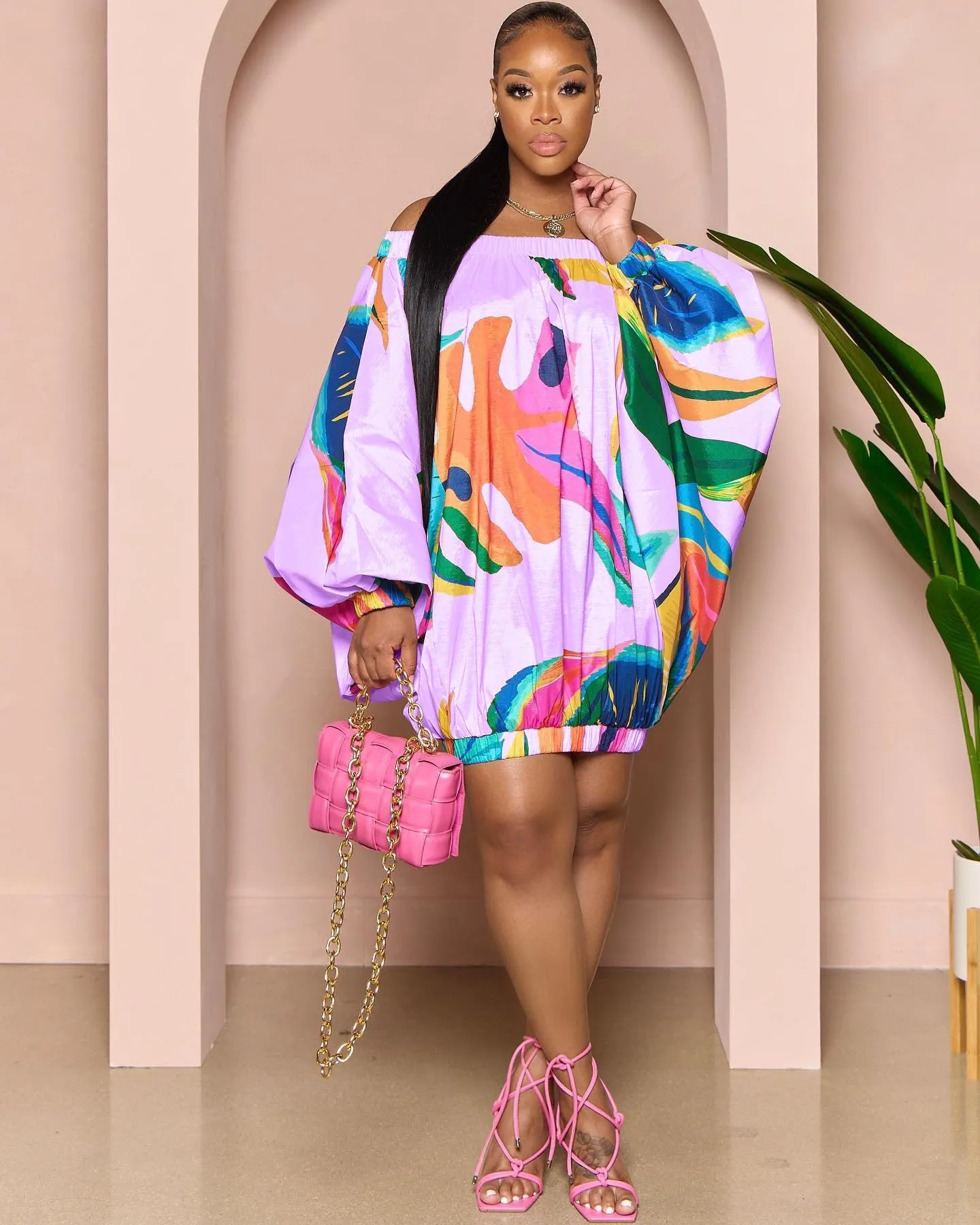 TEEK - Off Shoulder Gorg Print Lantern Dresses