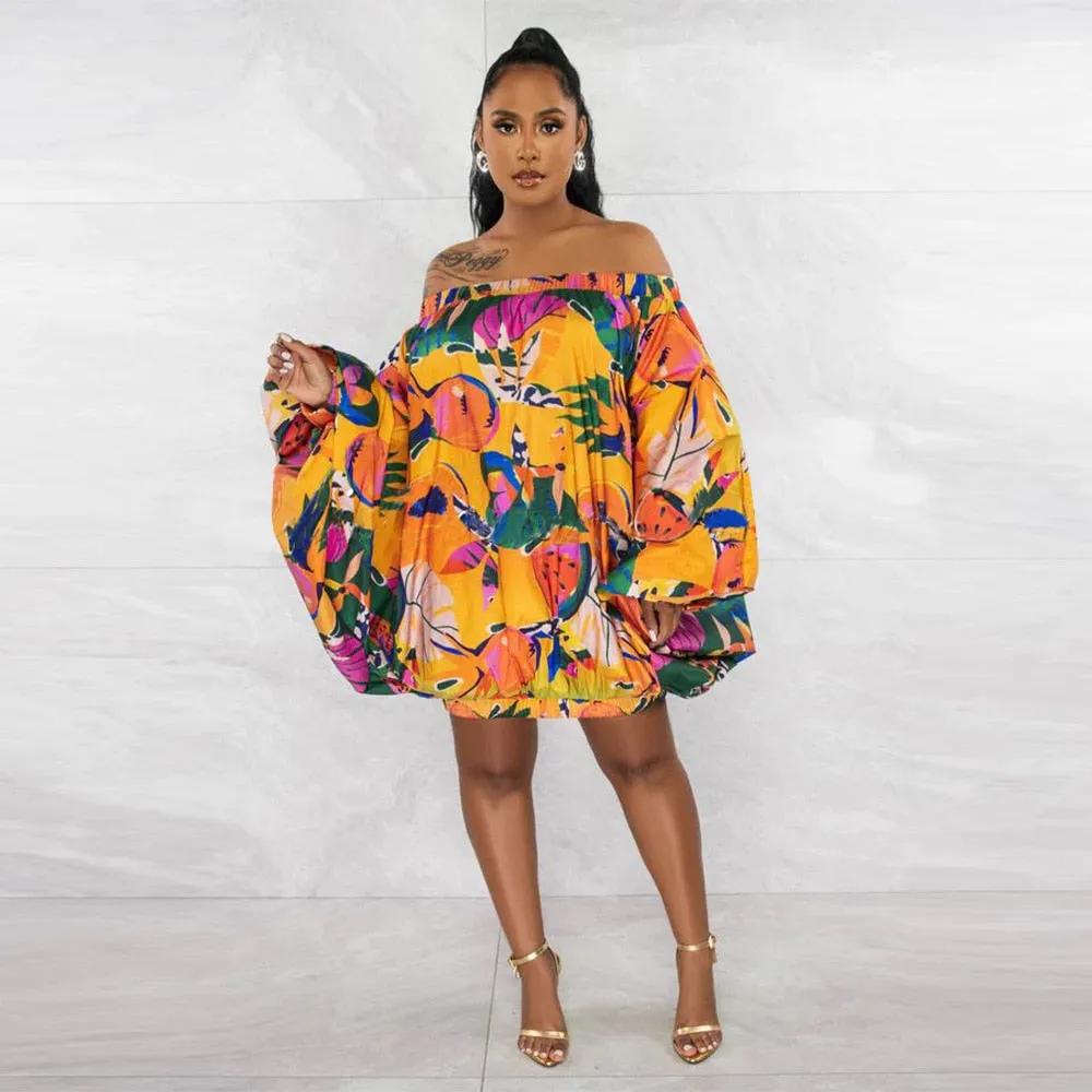 TEEK - Off Shoulder Gorg Print Lantern Dresses