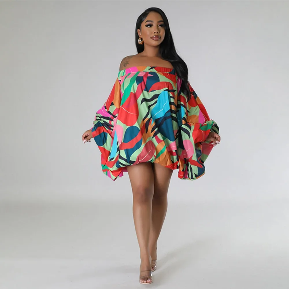 TEEK - Off Shoulder Gorg Print Lantern Dresses