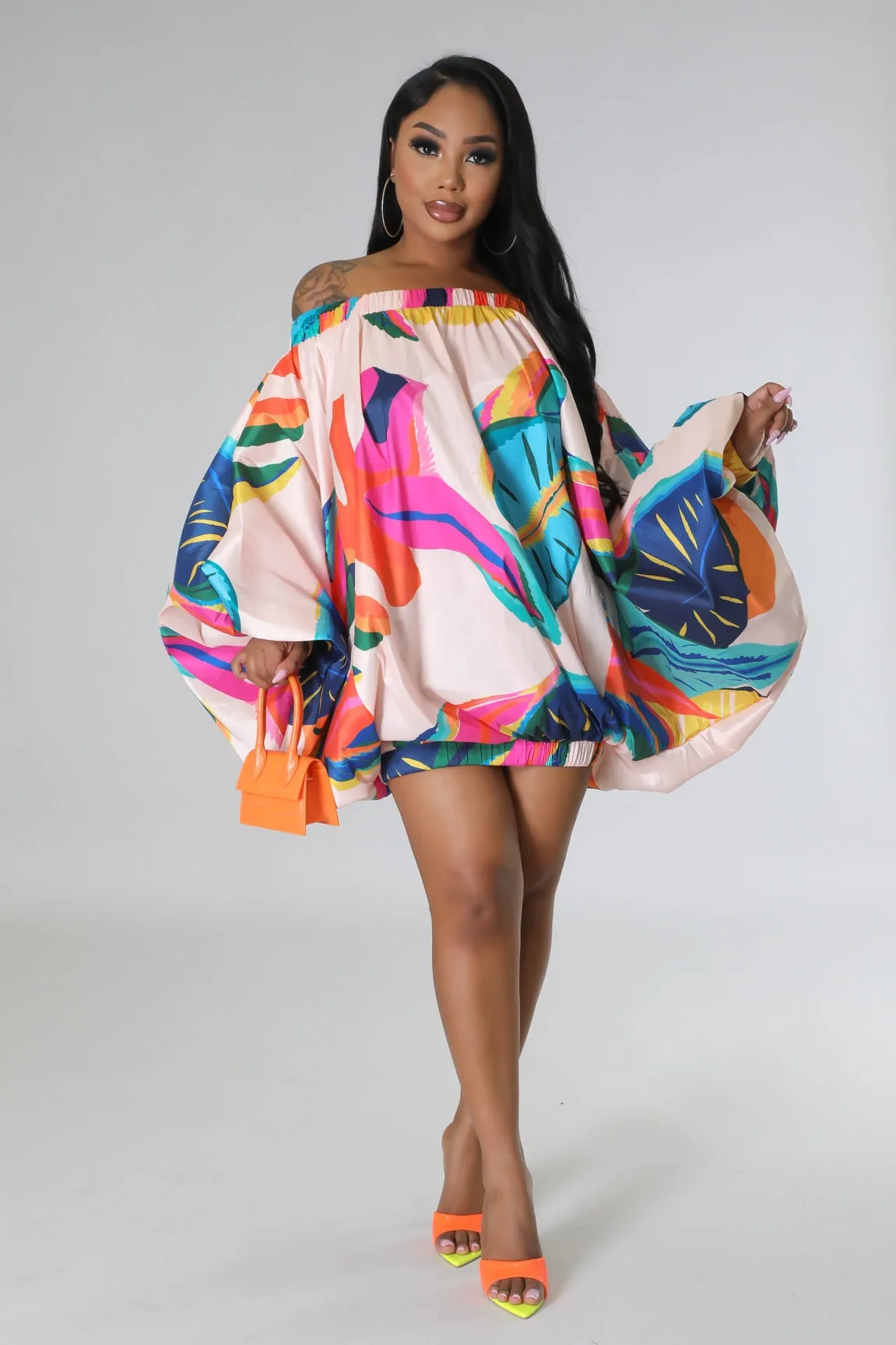 TEEK - Off Shoulder Gorg Print Lantern Dresses