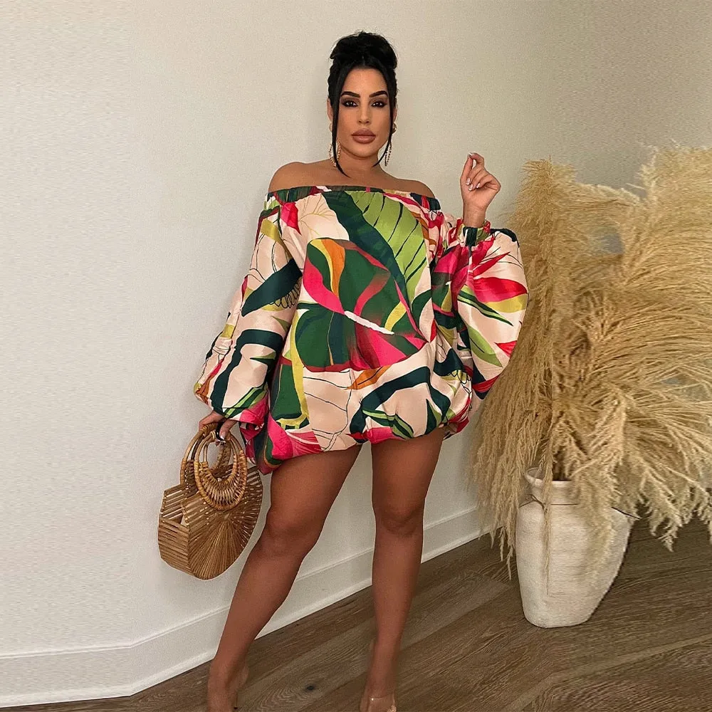 TEEK - Off Shoulder Gorg Print Lantern Dresses