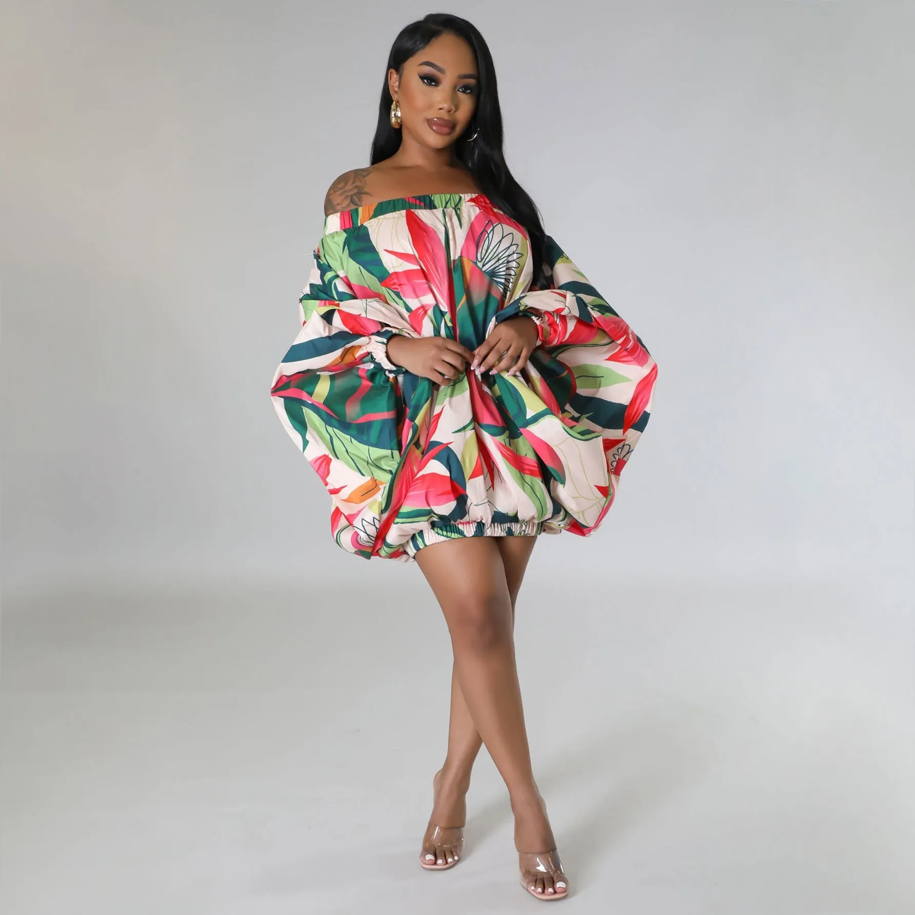 TEEK - Off Shoulder Gorg Print Lantern Dresses