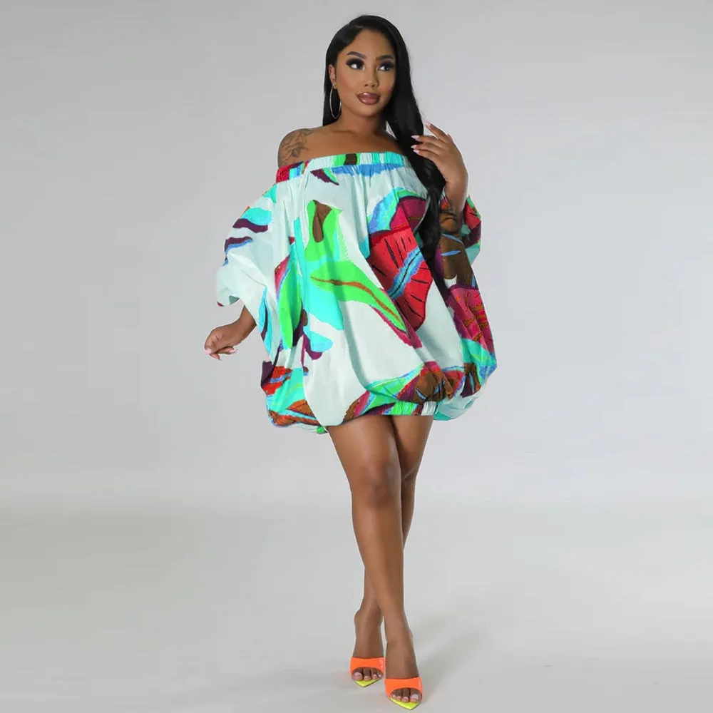 TEEK - Off Shoulder Gorg Print Lantern Dresses