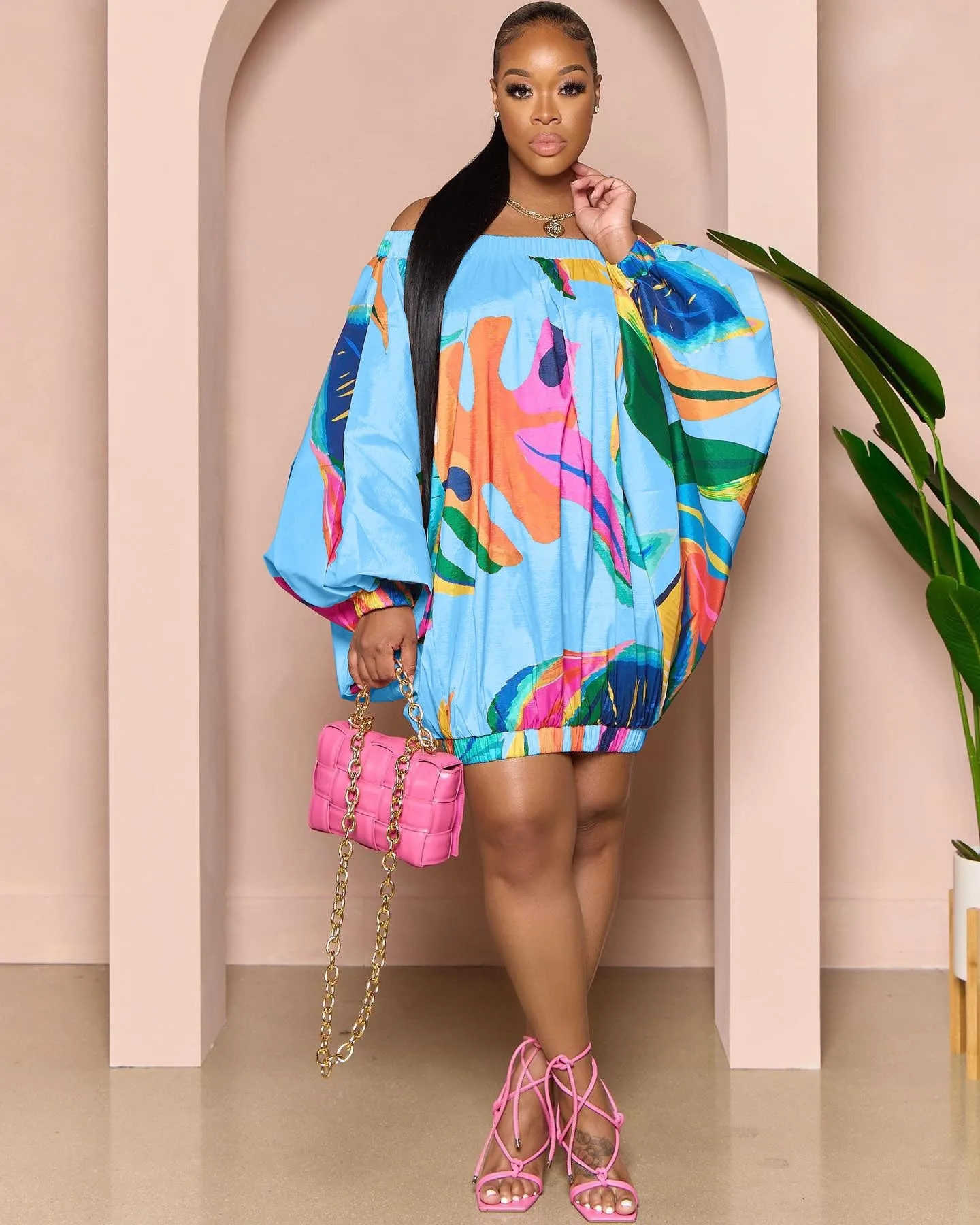 TEEK - Off Shoulder Gorg Print Lantern Dresses