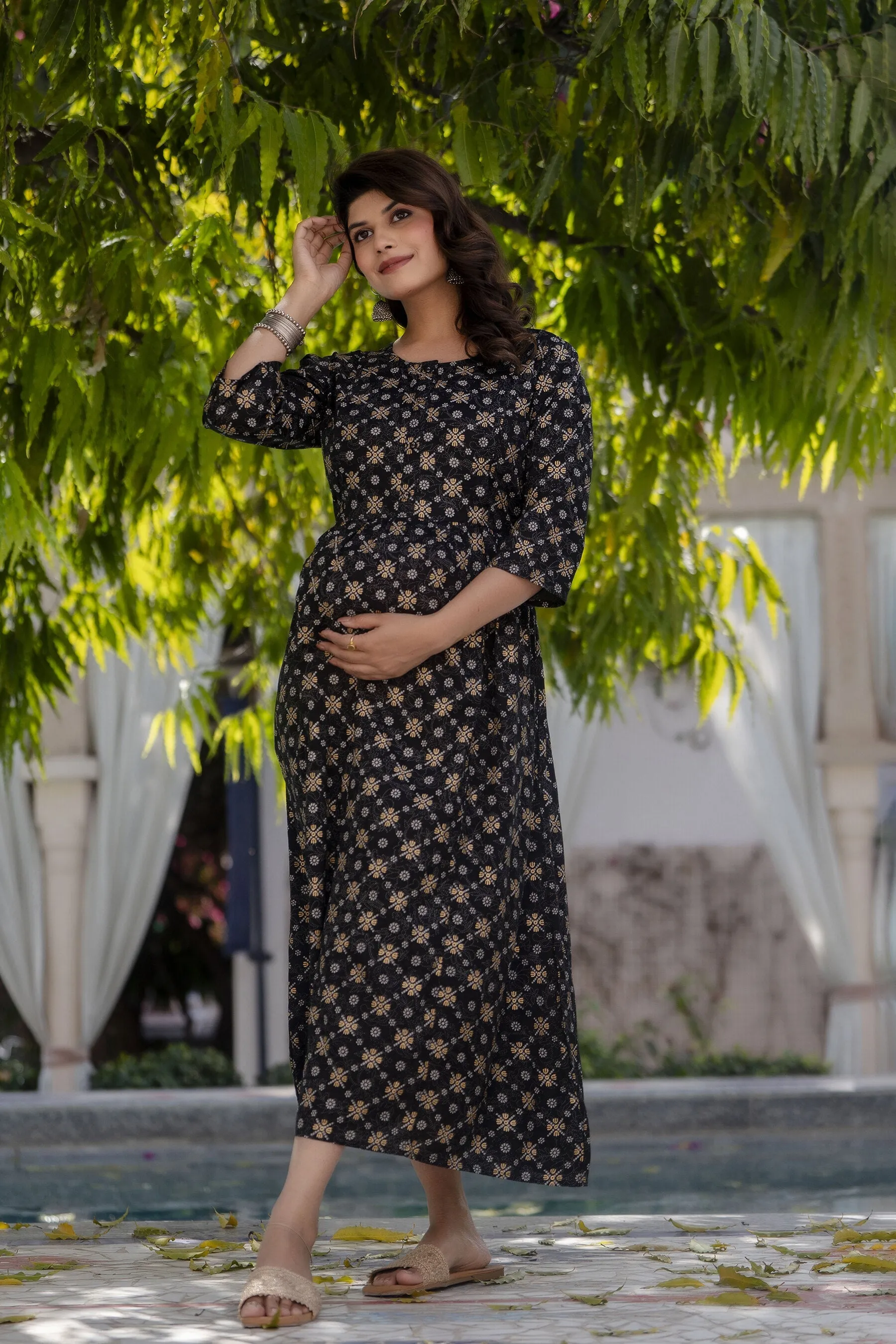 Women Black & Gold Printed Flared Maternity Dress