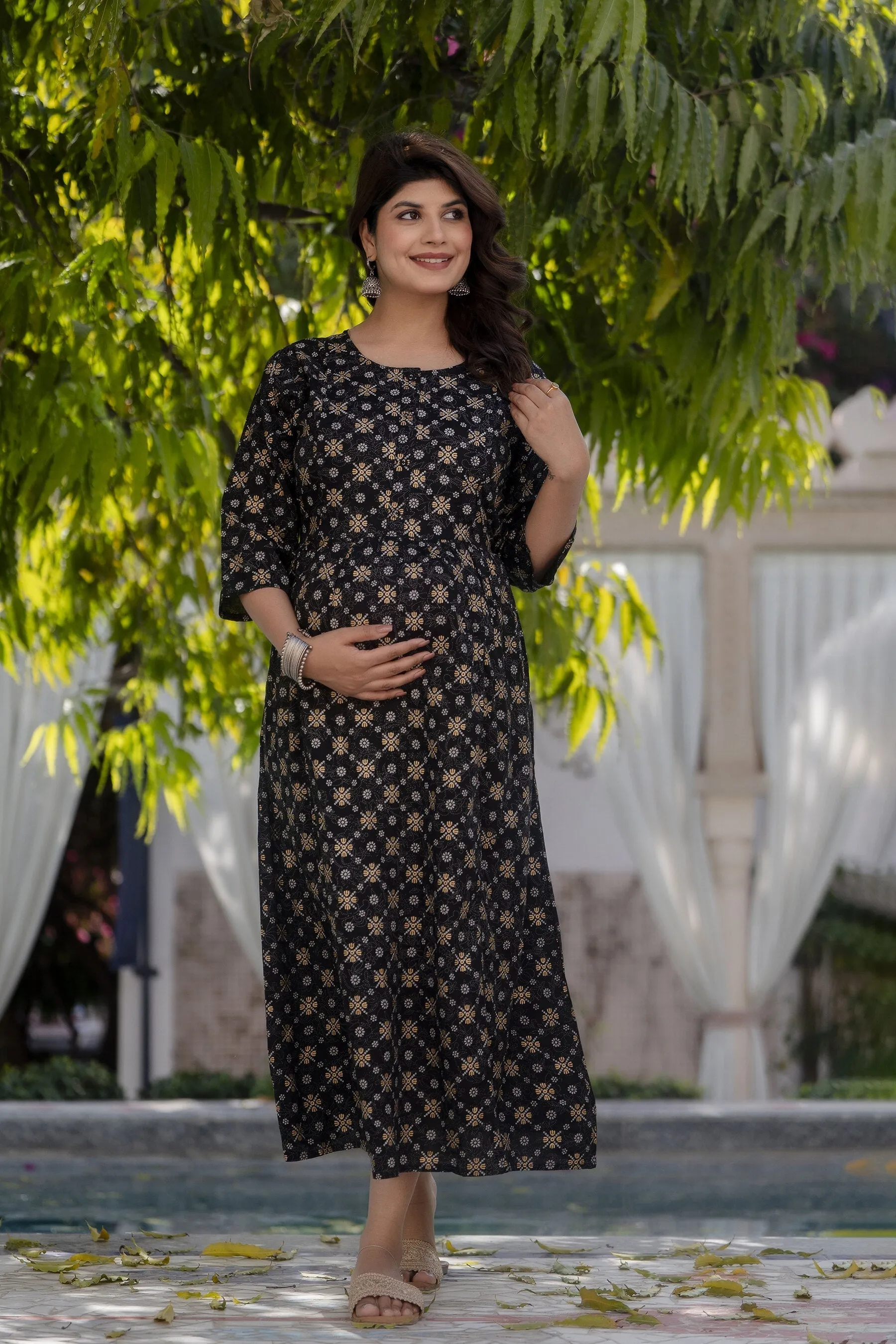 Women Black & Gold Printed Flared Maternity Dress