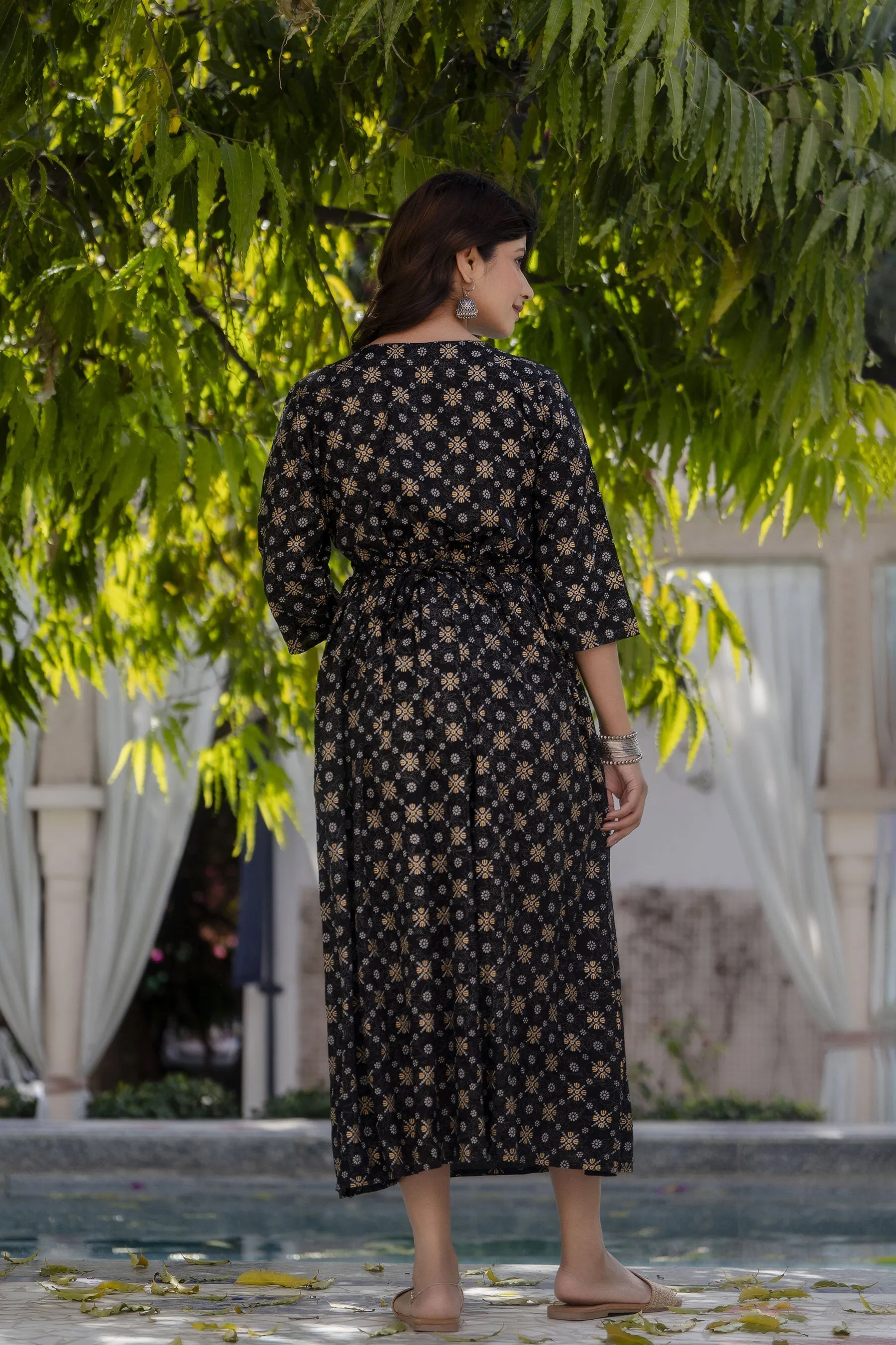 Women Black & Gold Printed Flared Maternity Dress