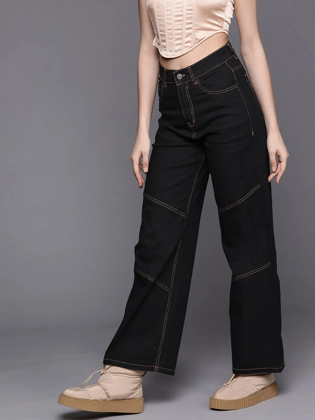 Women Black Contrast Stitch Detail Straight Jeans