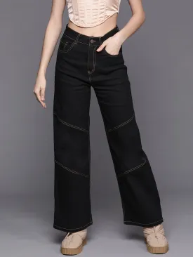 Women Black Contrast Stitch Detail Straight Jeans