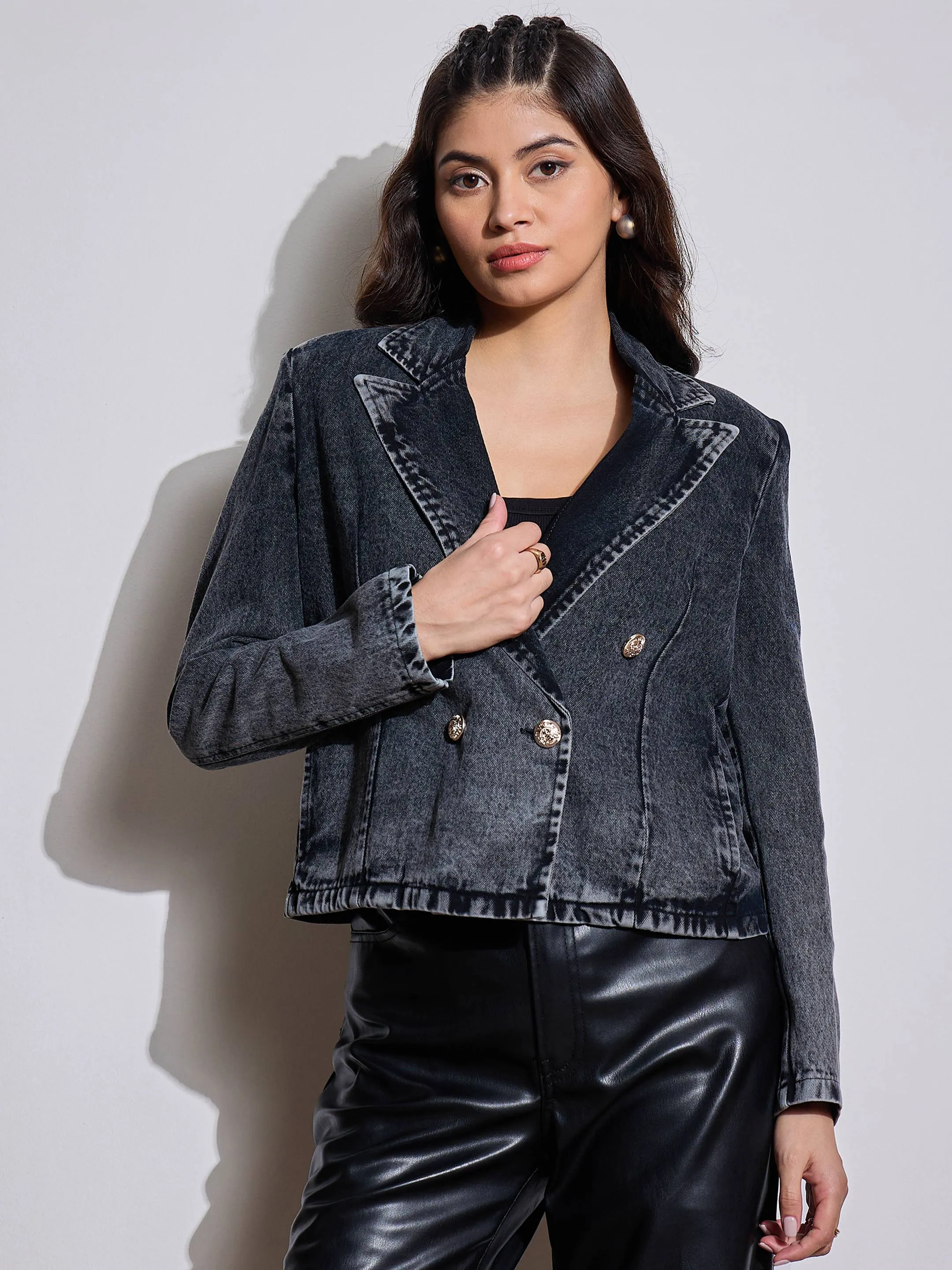 Women Black Denim Front Button Notch Collar Crop Blazer