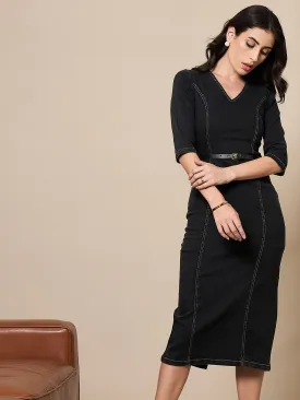 Women Black Denim V-Neck Below Knee Dress