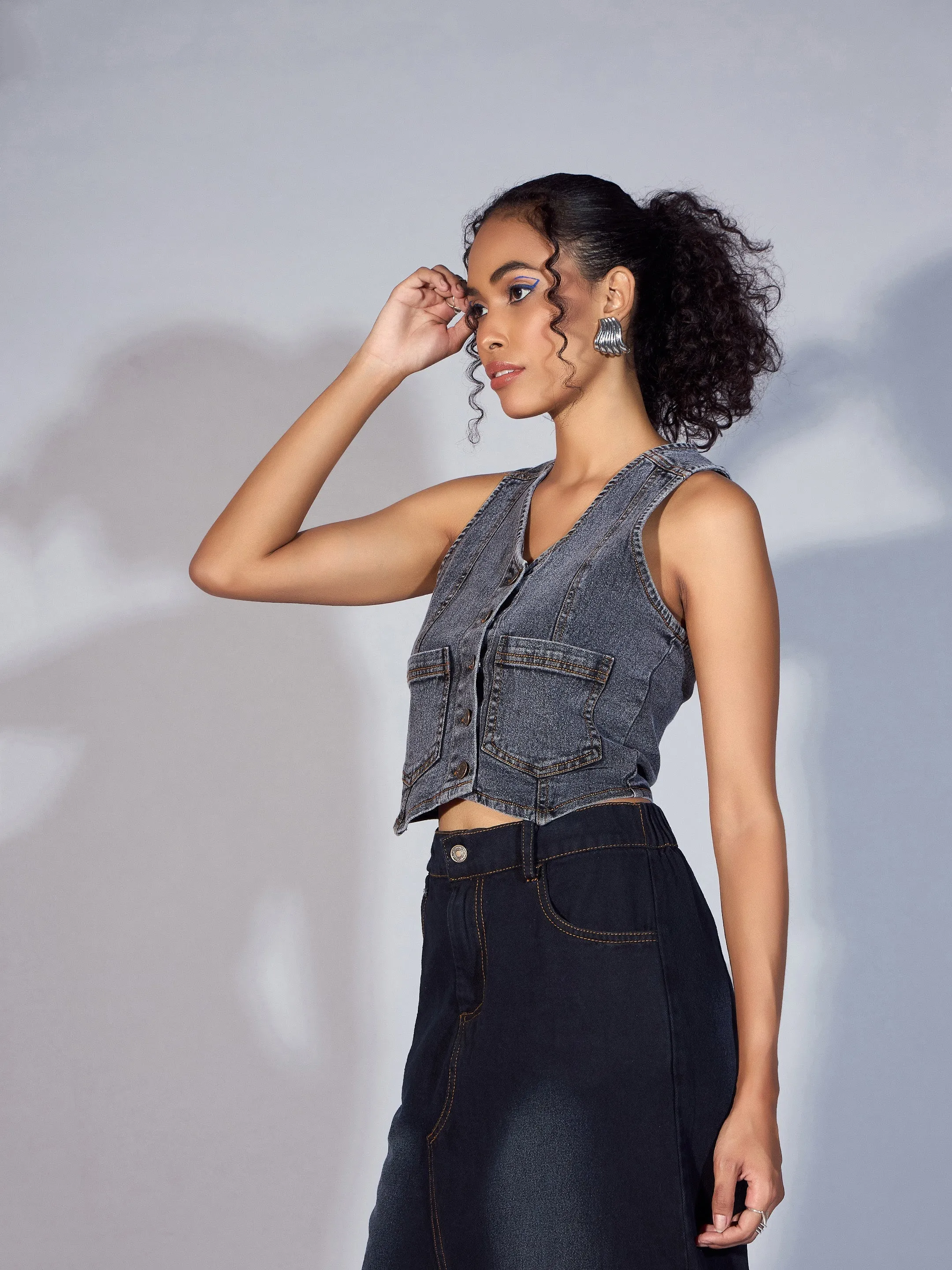 Women Black Denim Waistcoat Top