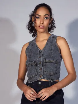 Women Black Denim Waistcoat Top