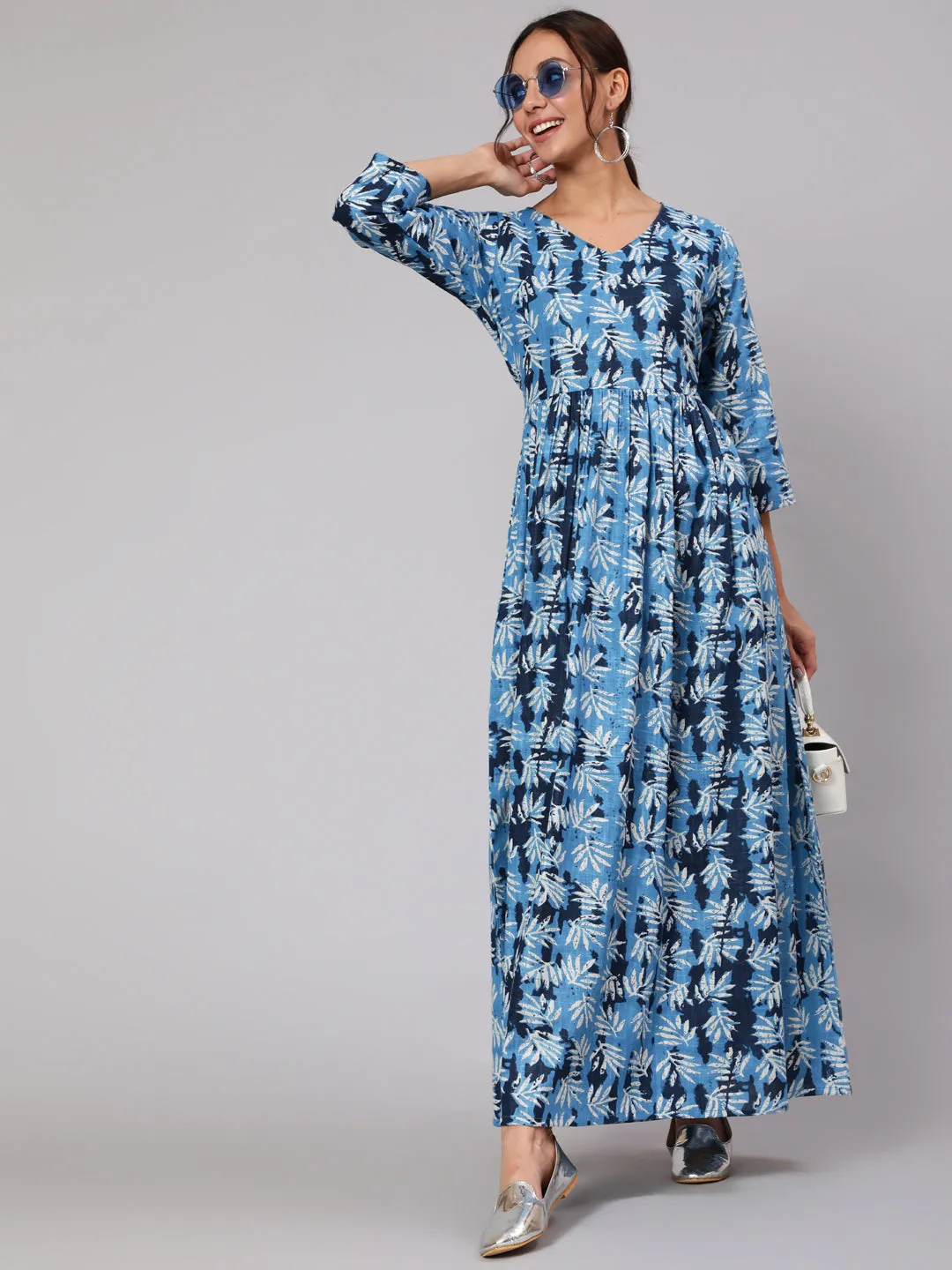 Women Blue Abstrac Printed Gathered Dress With Three Quarter Sleeves