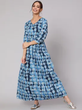 Women Blue Abstrac Printed Gathered Dress With Three Quarter Sleeves