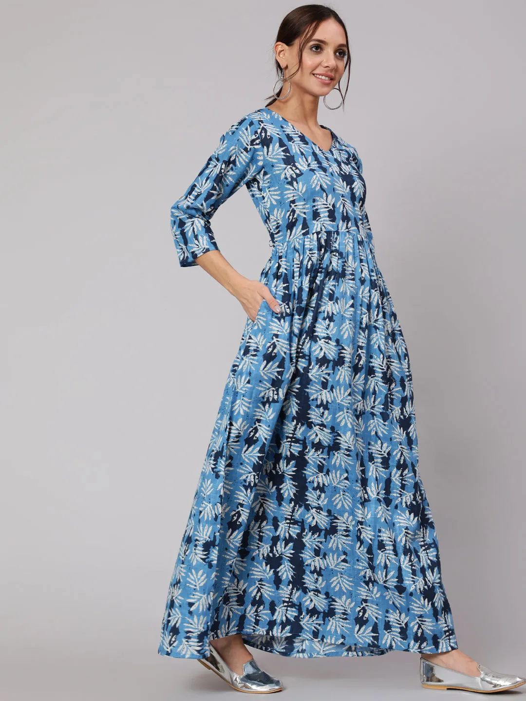 Women Blue Abstrac Printed Gathered Dress With Three Quarter Sleeves