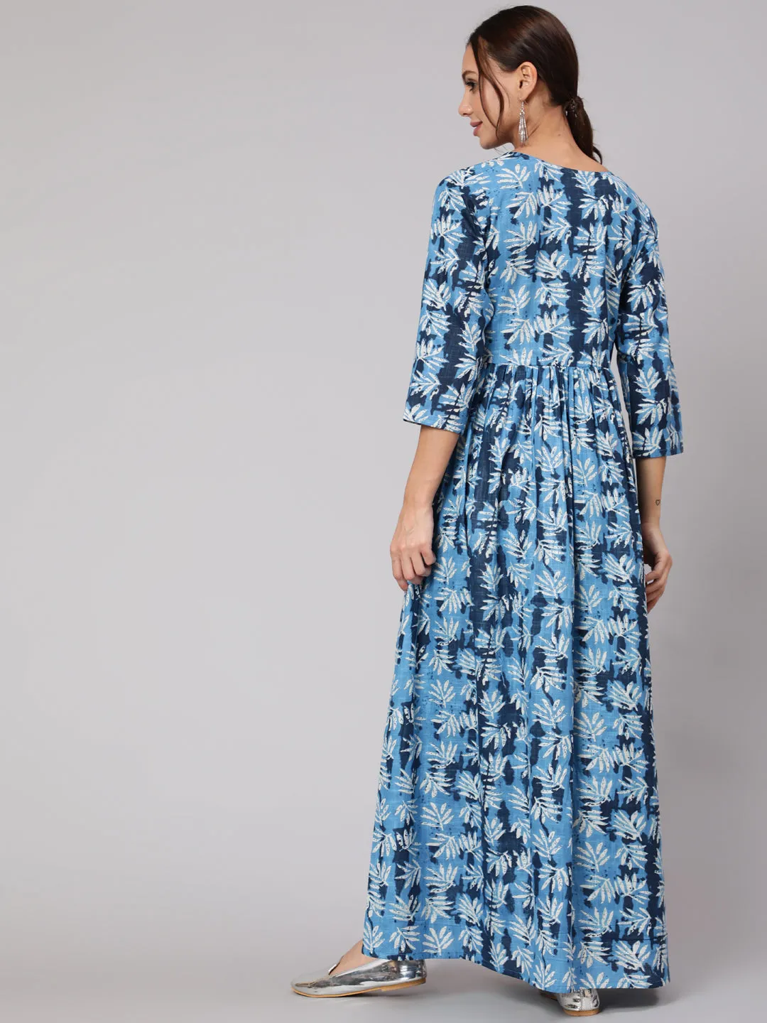 Women Blue Abstrac Printed Gathered Dress With Three Quarter Sleeves