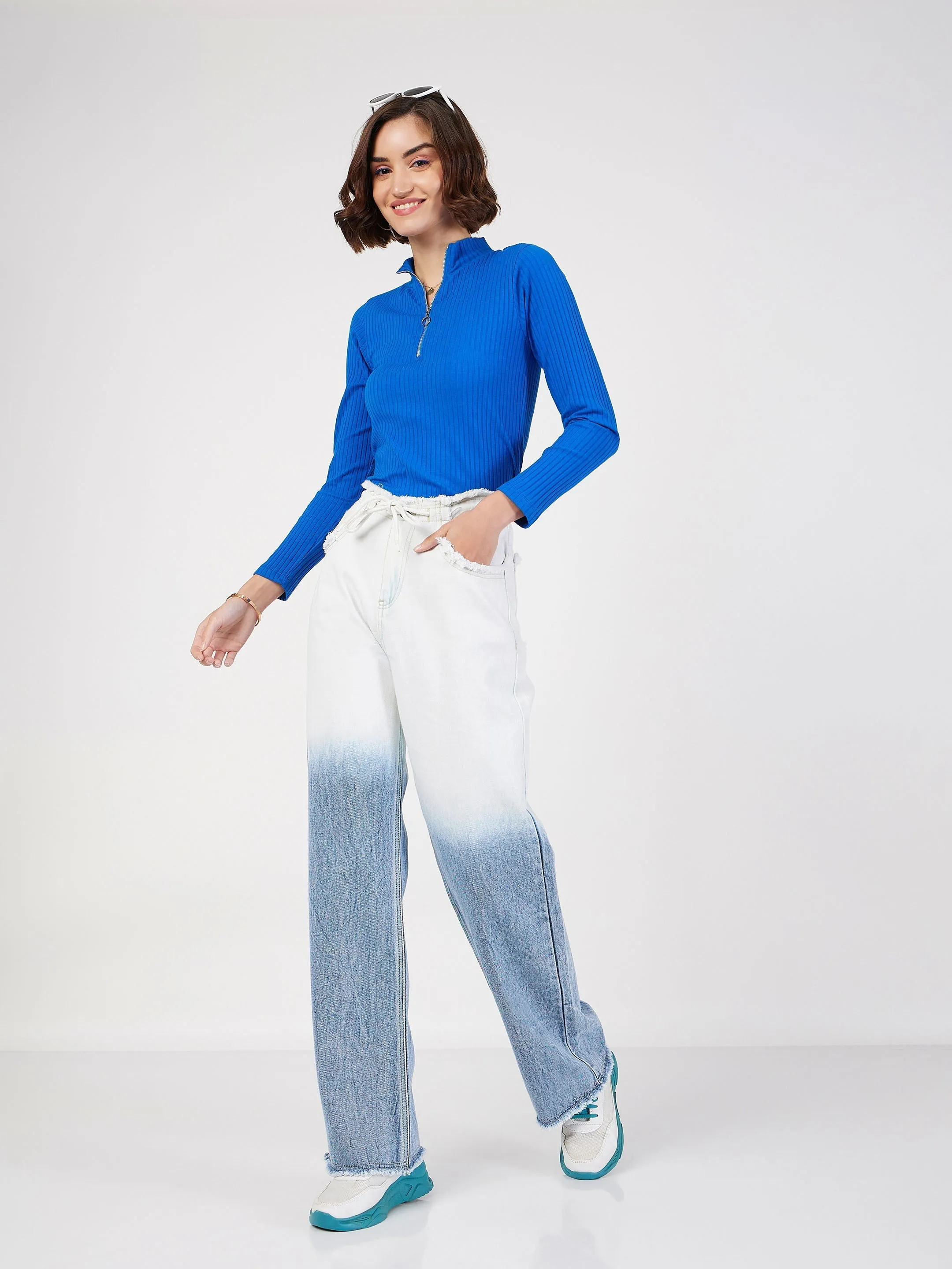 Women Blue & White Ombre Straight Jeans