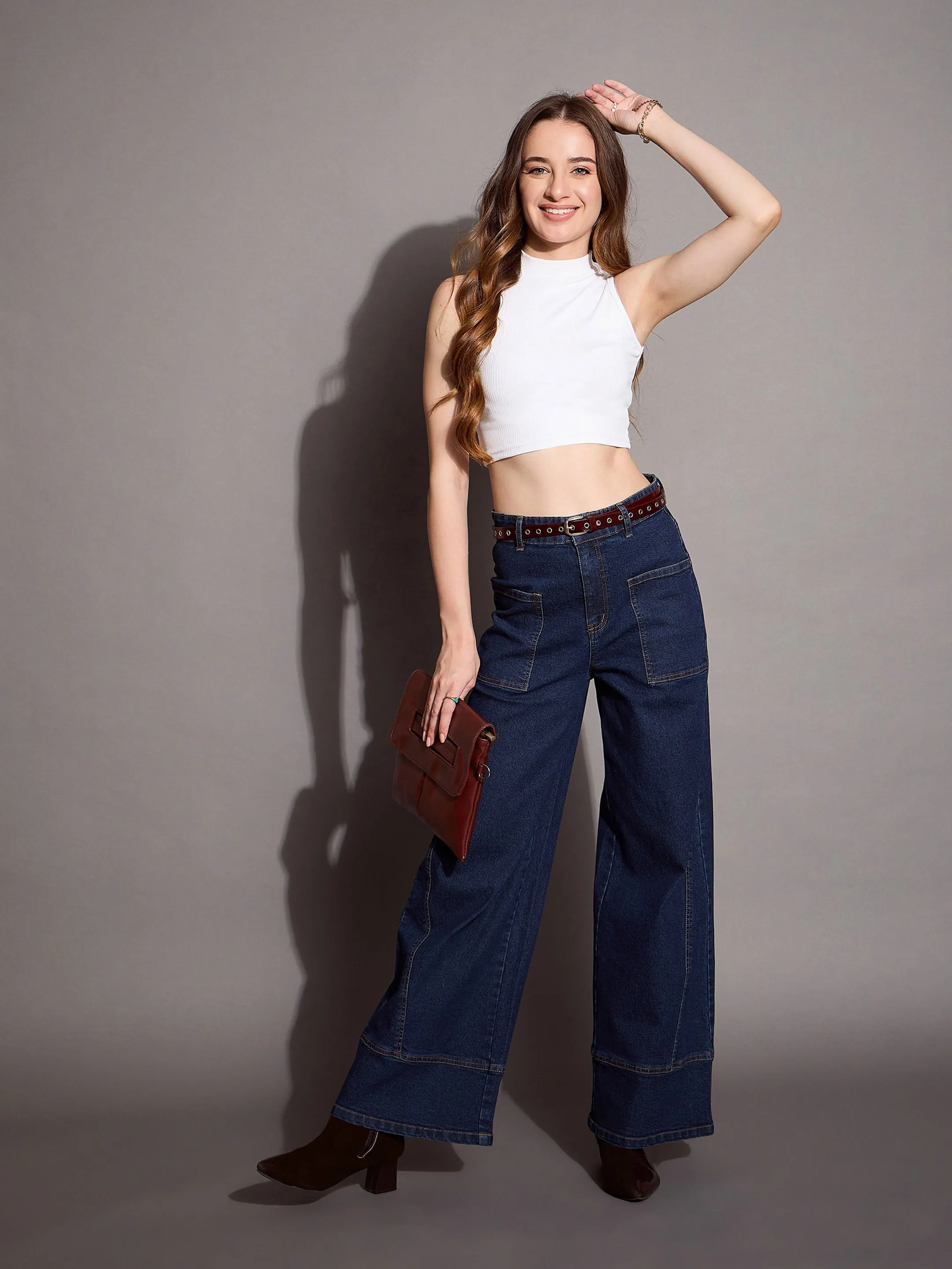 Women Blue Blast Patch Pocket Wide Leg Jeans