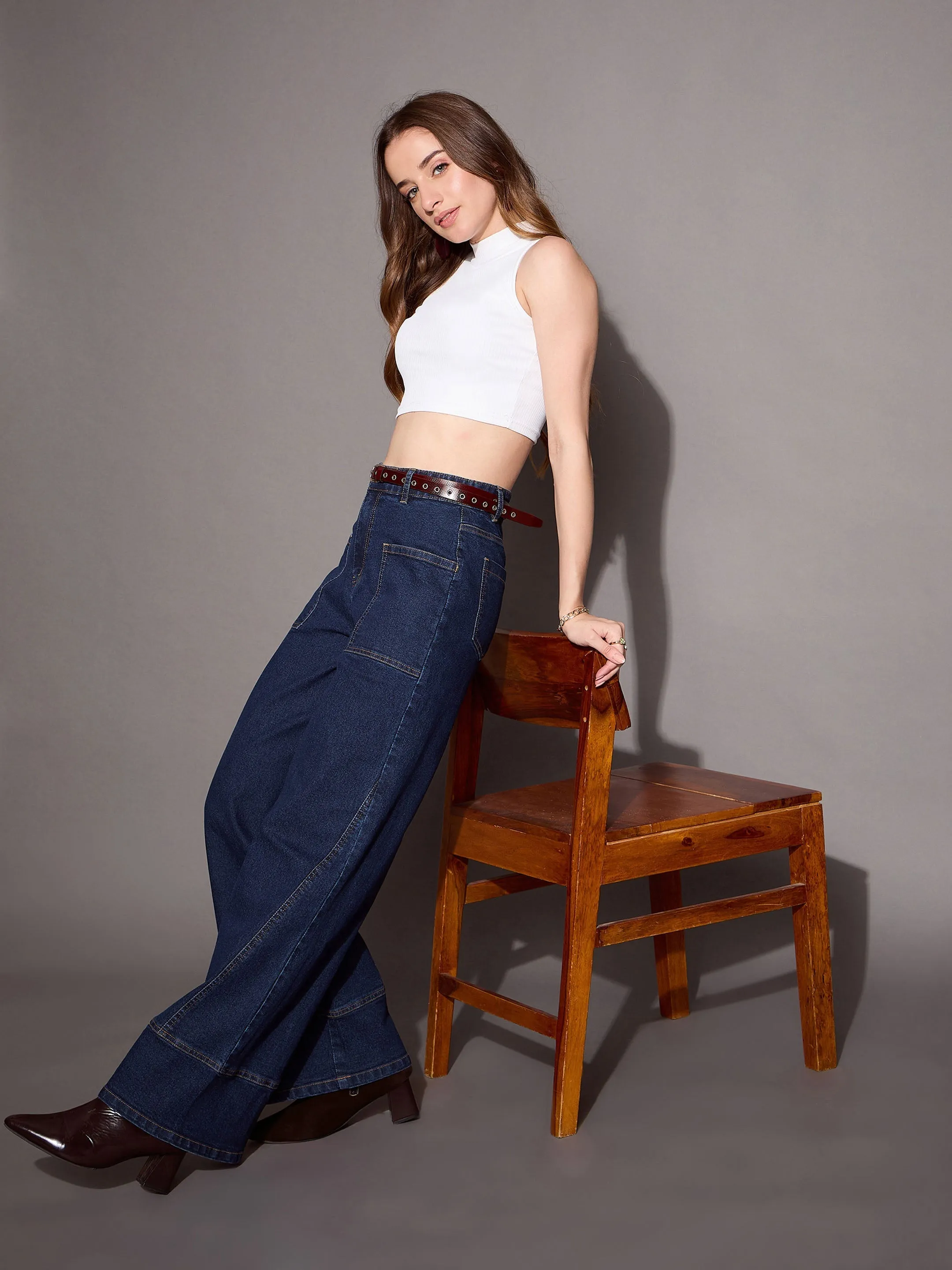 Women Blue Blast Patch Pocket Wide Leg Jeans