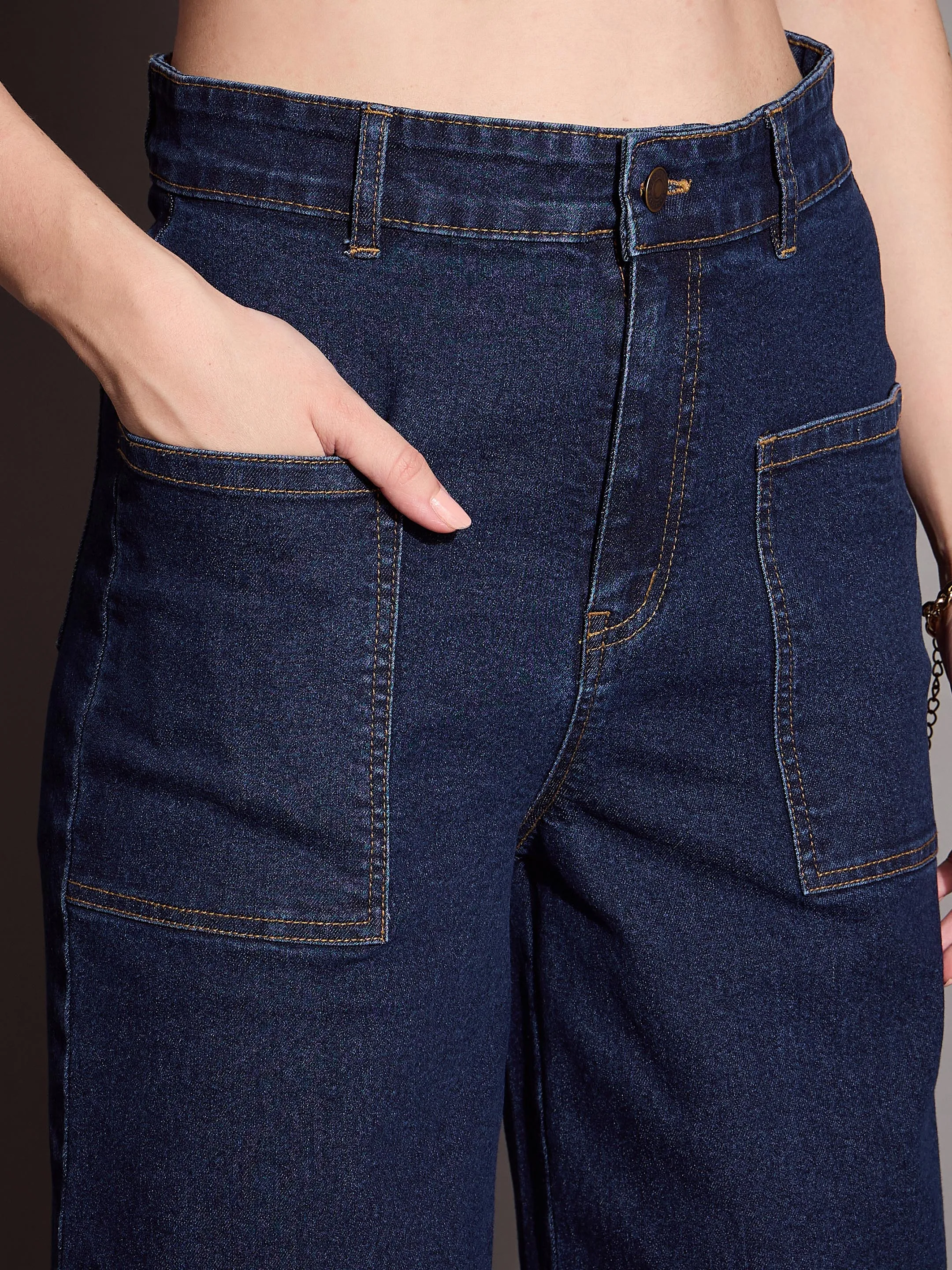 Women Blue Blast Patch Pocket Wide Leg Jeans