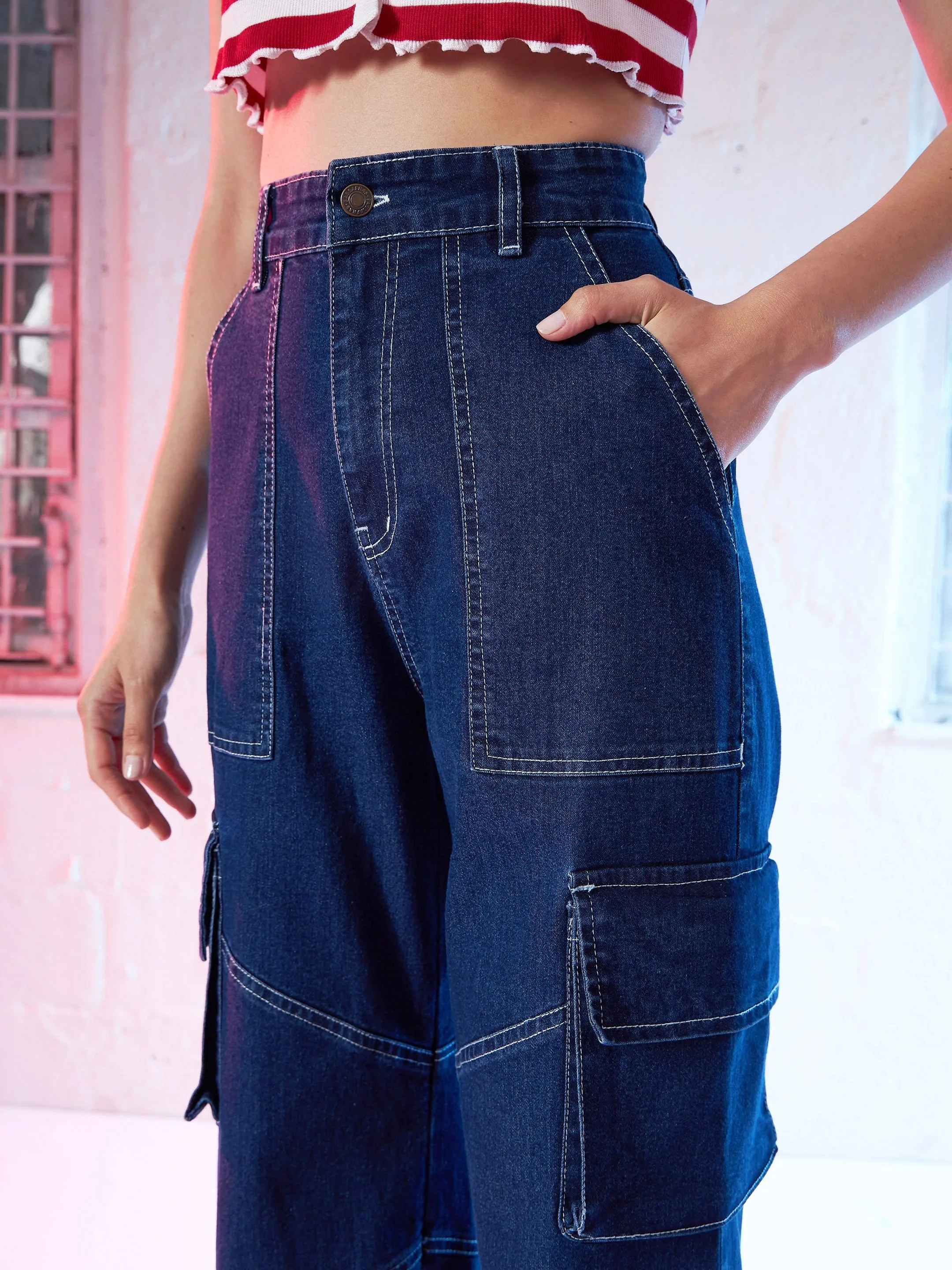 Women Blue Contrast Stitch Cargo Jeans