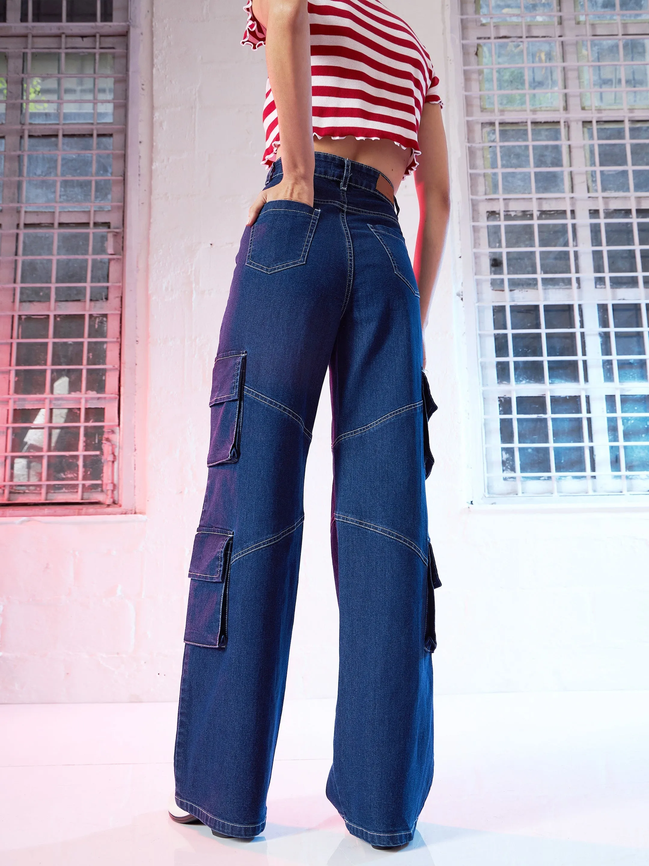 Women Blue Contrast Stitch Cargo Jeans