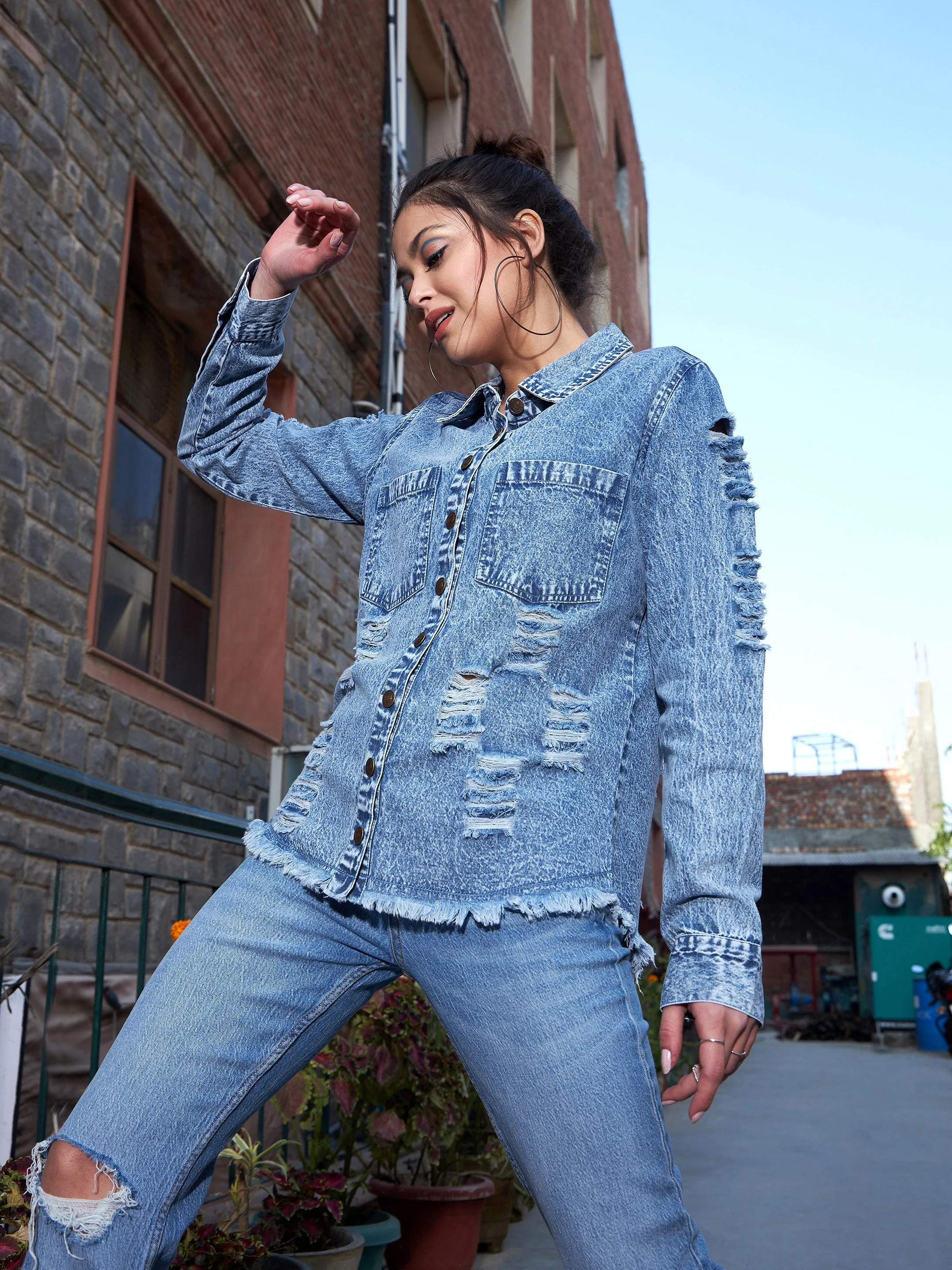 Women Blue Denim High Low Distressed Shirt