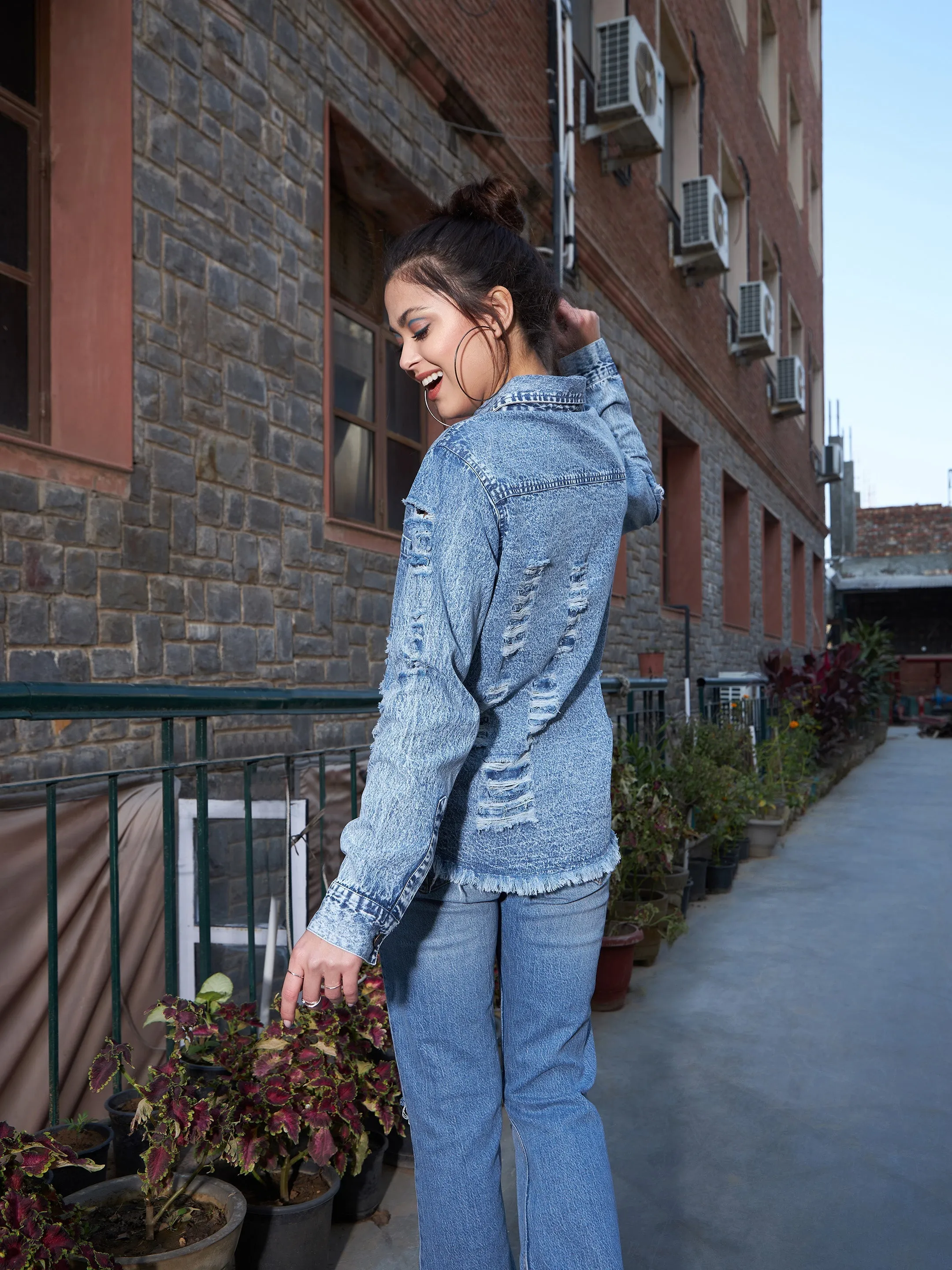 Women Blue Denim High Low Distressed Shirt