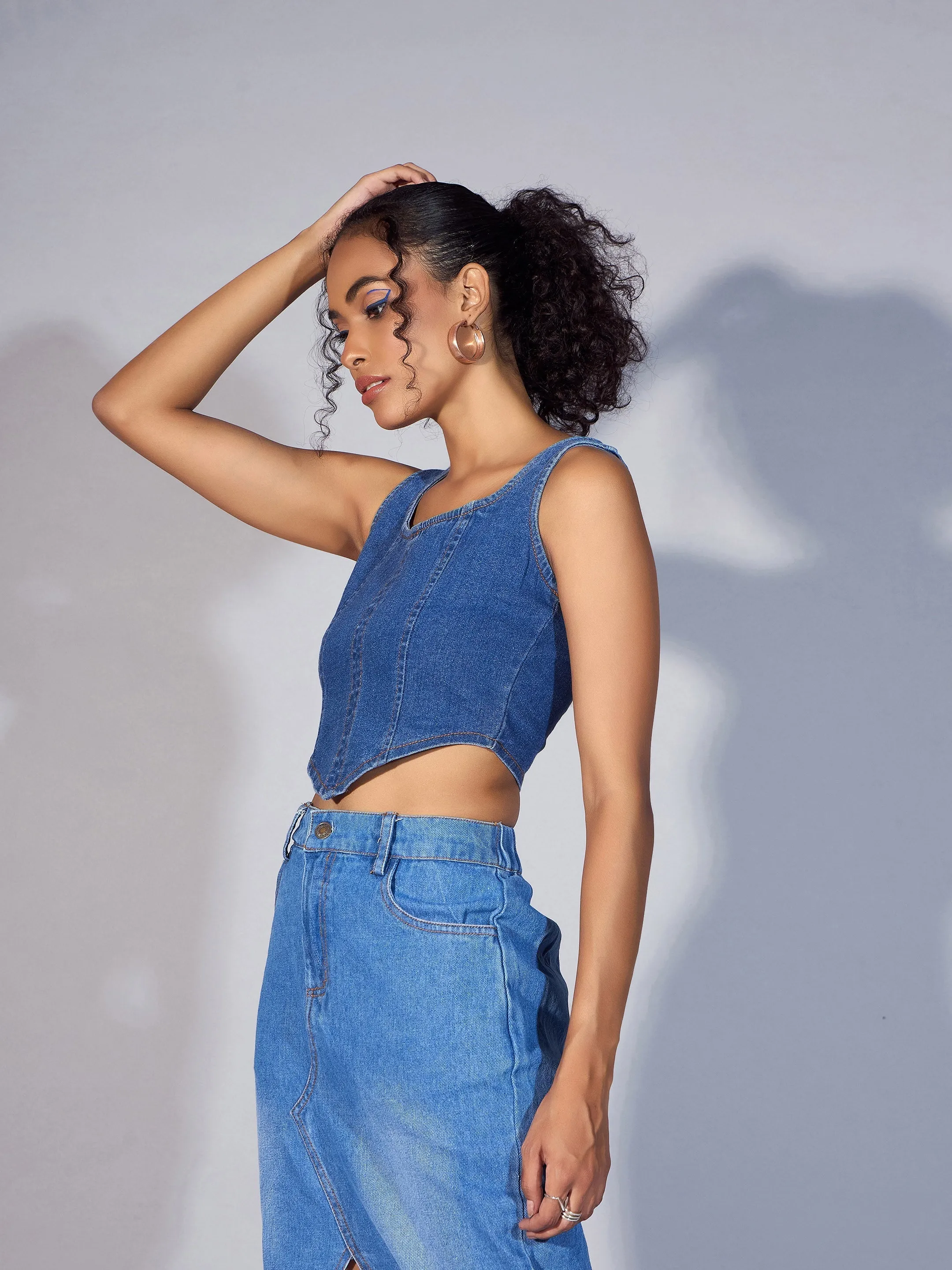 Women Blue Denim Short Top