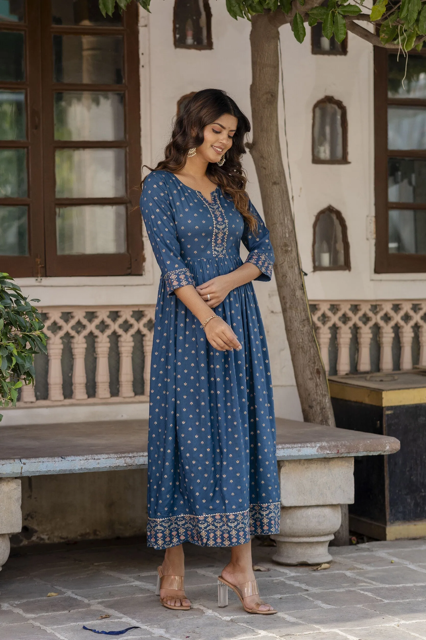 Women Blue Ethnic Motifs Printed Flared Dress