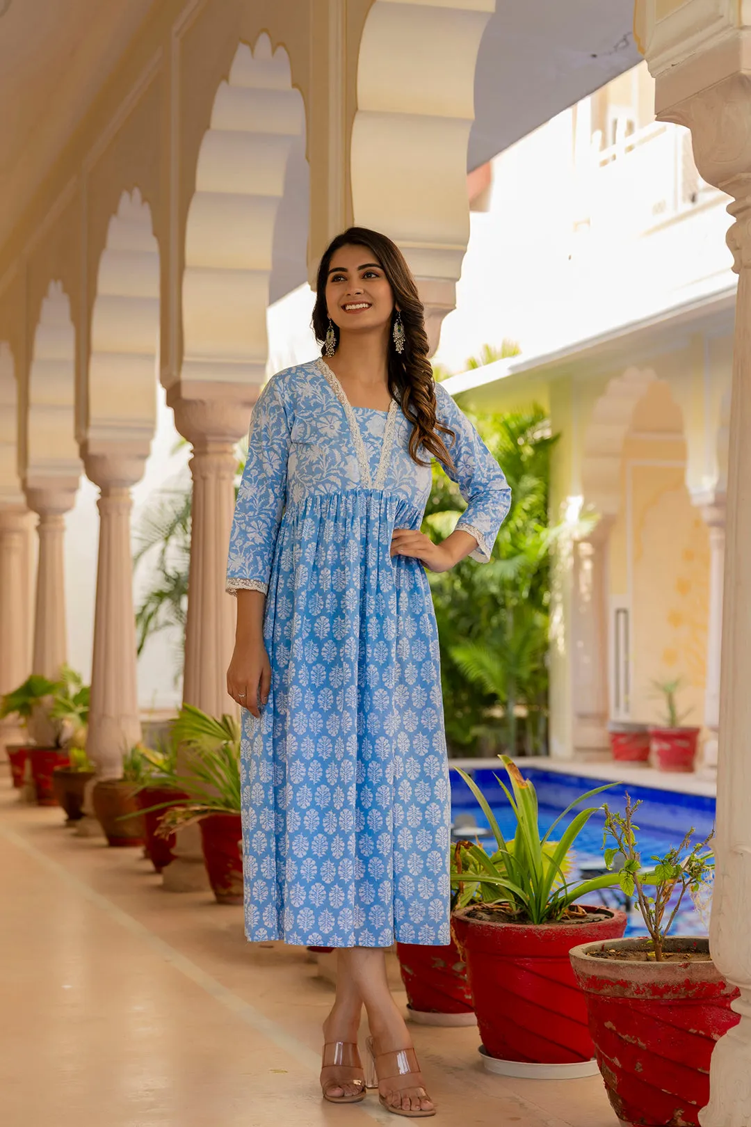 Women Blue Ethnic Printed Flared Dress