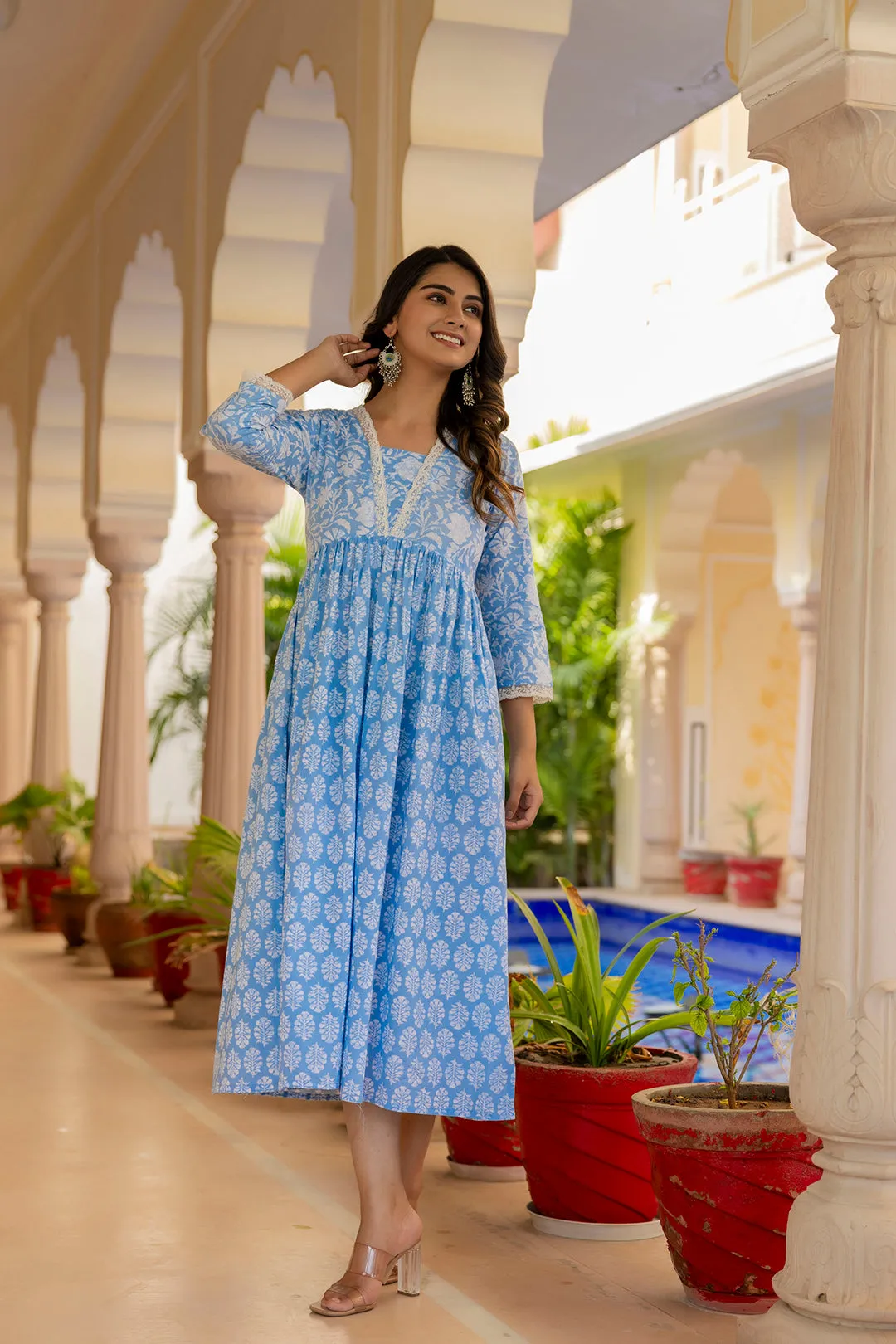 Women Blue Ethnic Printed Flared Dress